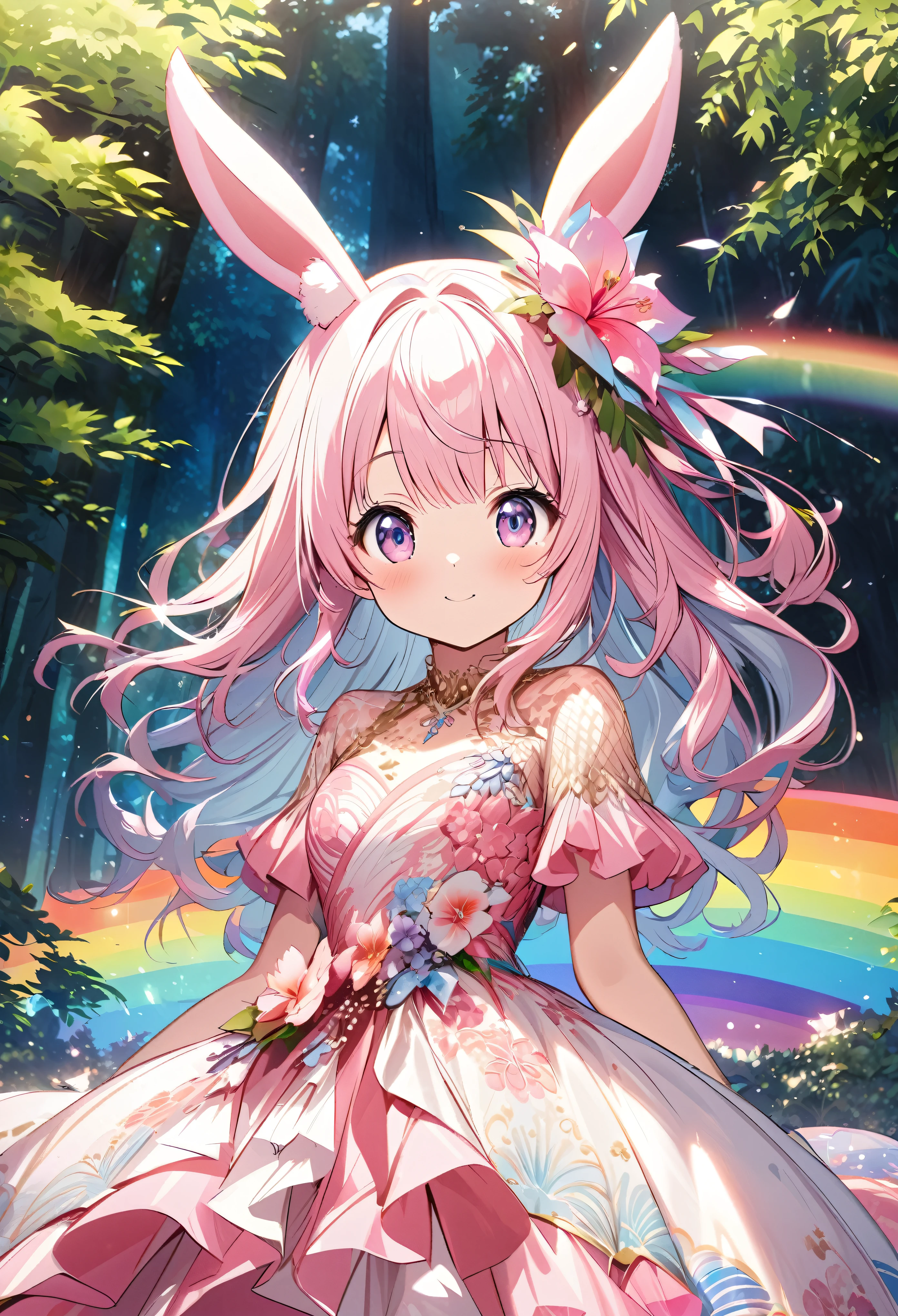``Japanese anime character, cute rabbit in pink color, beautiful adorable rabbit wearing an elegant and elaborate Hawaiian dress, the dress must have intricate designs and patterns to give it a luxurious and exclusive look. In the background, the image should depict the richness of the forest, with sunlight reflecting off the trees and illuminated mountains beyond. , emphasize the shimmering effect and rainbow throughout the image. Enhance your look and add special ruffles to your dress to stand out.”