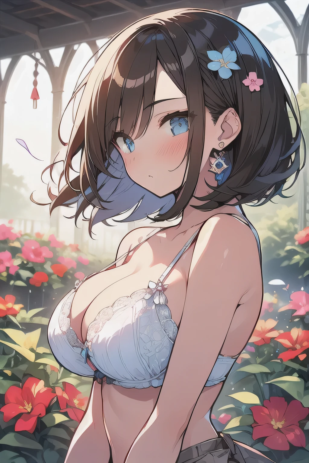 (best quality), (Super detailed), (Best Illustration), (masterpiece), (woman), {(white bra:1.2)}, (large breasts:1.2), {brown hair, (sideburns), (bob cut:1.3), curly hair, hairs between eyes, colored inner hair}, {(detailed eyes), blue eyes}, blush, earring, wind, (flower garden)