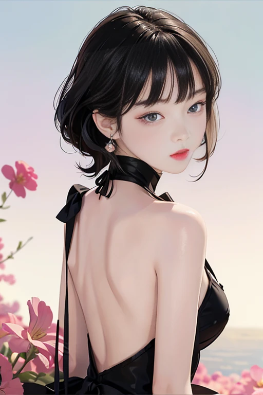 tsuruta ichiro, Narrow-eyed, 1girl in, Allback、deadpan、short-hair、shorth hair、brow、Reluctance、A dark-haired、Tucked Hair Solo, Cowgirl, Onepiece, ((mideum breasts)), Thin slit eyes、Black eyes, Light shines on the eyes、Black hair, gloves, Dress, Luxurious Jewelry, earrings, sharp eye、 elbow groves,Raise your hands and tie your hair back, random color, random color dress, Makeup for long eyes, Slender eyes、lip stick, Complex petal pattern, Rim Light, Back Light, pastel color,Studio Lighting