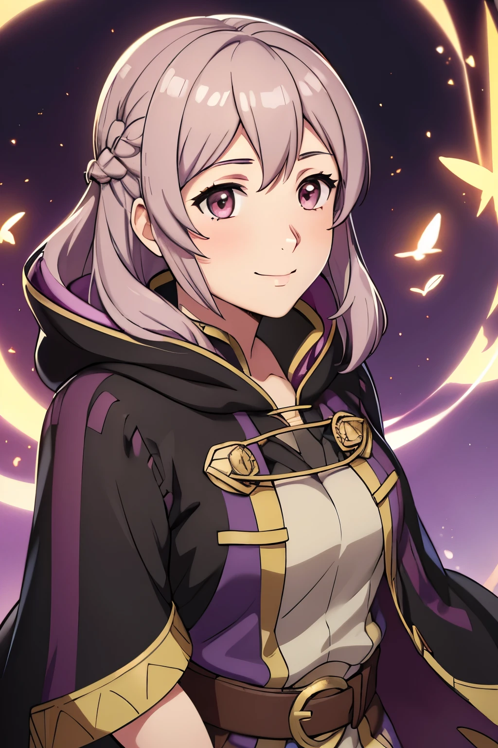 (high-quality, breathtaking),(expressive eyes, perfect face) 1girl, female, solo, portrait, Fire Emblem Awakening, Symmetrical Eyes, black background, Robin (Fire Emblem: Awakening), dark Brown hair color, short hair length, messy wavy hair, hair ornament, upper body, pink eyes, Black and purple robe, gold trim, hood, black shirt, brown belt, tomb, positive expression, cute smile, detailed eyes, adorable face, short height, Grima, Arms down, female robin (fire emblem), dark brown hair, fireflies background, soft lights, braided bang, flower in hair
