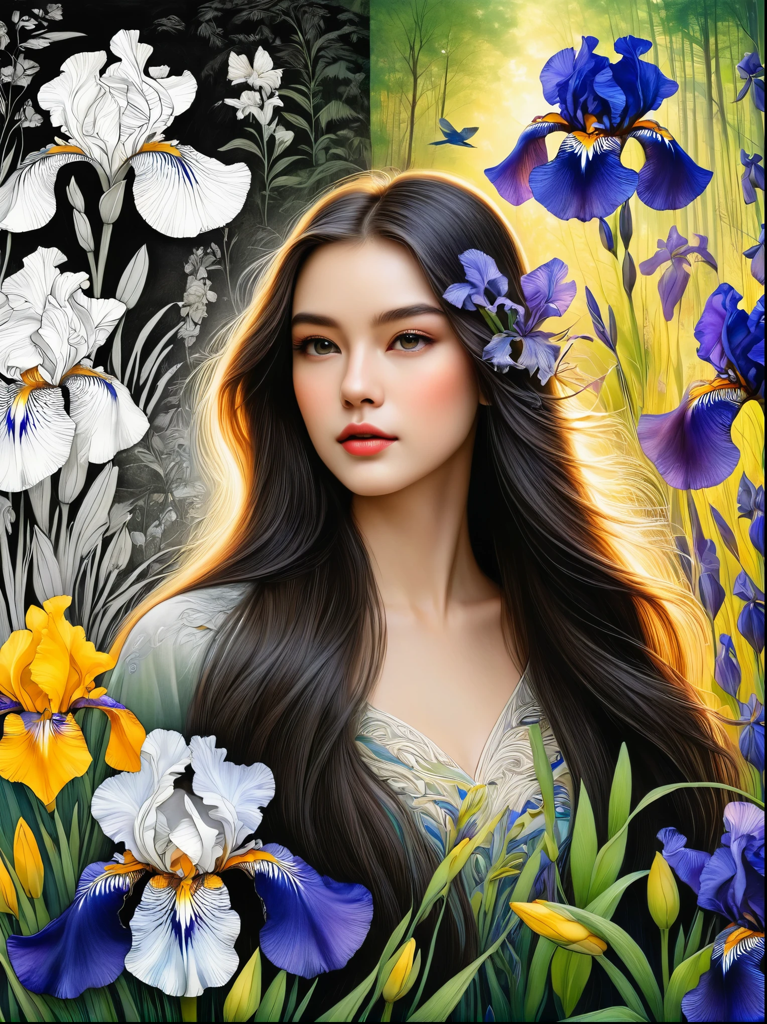 Bird，Wildflowers and irises in a forest setting，1 image of a long-haired beauty，Artwork should be in pencil drawing style，Transition from black and white on the left half to bright colors on the right half，Ensure seamless integration between the two halves，No dividing line，The scene is the same on both sides，Black and white pencil detail on left side，Right side filled with color，The blend formed in the whole image，Perfect details, animation art style, Large murals, Sharp contrast between light and dark