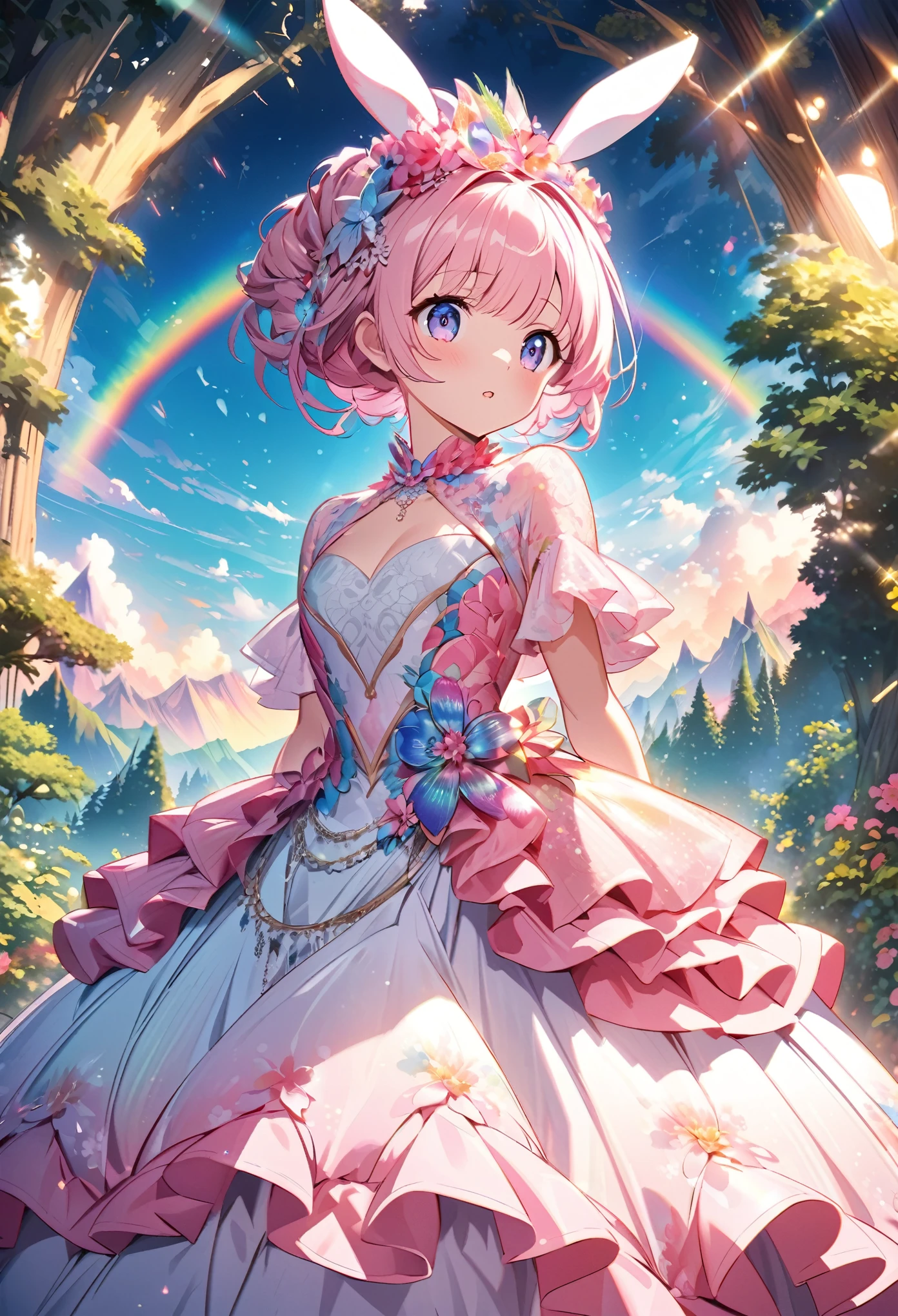 ``Japanese anime character, cute rabbit in pink color, beautiful adorable rabbit wearing an elegant and elaborate Hawaiian dress, the dress must have intricate designs and patterns to give it a luxurious and exclusive look. In the background, the image should depict the richness of the forest, with sunlight reflecting off the trees and illuminated mountains beyond. , emphasize the shimmering effect and rainbow throughout the image. Enhance your look and add special ruffles to your dress to stand out.”
