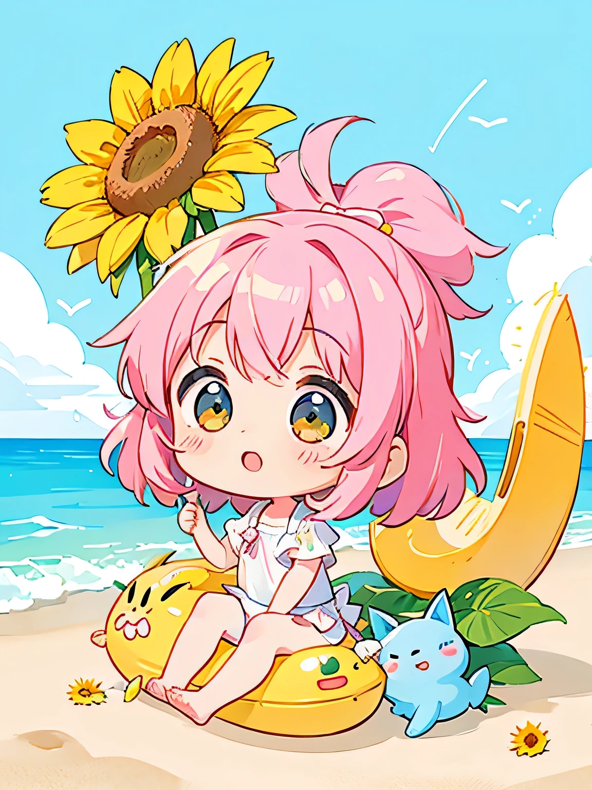 Momoko Sakura style, Kawaii Design, The most beautiful girl of all time、Chibi, play together、Cute Aliens, Beach, Swimwear, sunflower