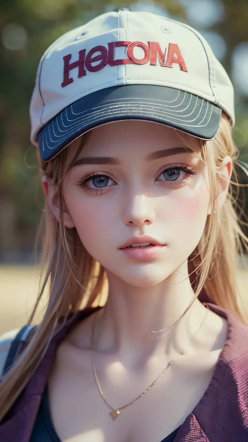 One girl, Terry Bogard Girl, Blonde, ponytail, blue eyes, Baseball cap, Eyes focus, Beautiful park background (8k), (highest quality), (masterpiece:1.2), (Realistic), (Very detailed), (Fine grain:1.2), (Detailed face:1.2), (realism:1.2), (super high quality), (Complex), (85mm), Particles of light, Lighting, (Very detailed:1.2), (Gradation), Colorful, SFW, Dawn, alone,(head shot:1.5)