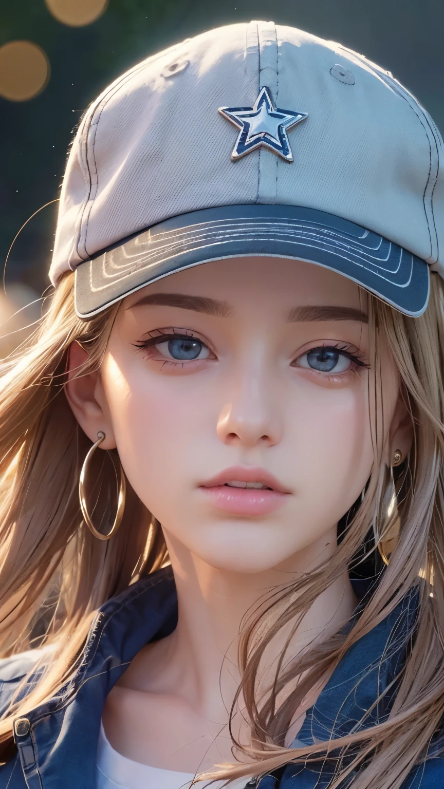 One girl, Terry Bogard Girl, Blonde, ponytail, blue eyes, Baseball cap, Eyes focus, Beautiful park background (8k), (highest quality), (masterpiece:1.2), (Realistic), (Very detailed), (Fine grain:1.2), (Detailed face:1.2), (realism:1.2), (super high quality), (Complex), (85mm), Particles of light, Lighting, (Very detailed:1.2), (Gradation), Colorful, SFW, Dawn, alone,(head shot:1.5)