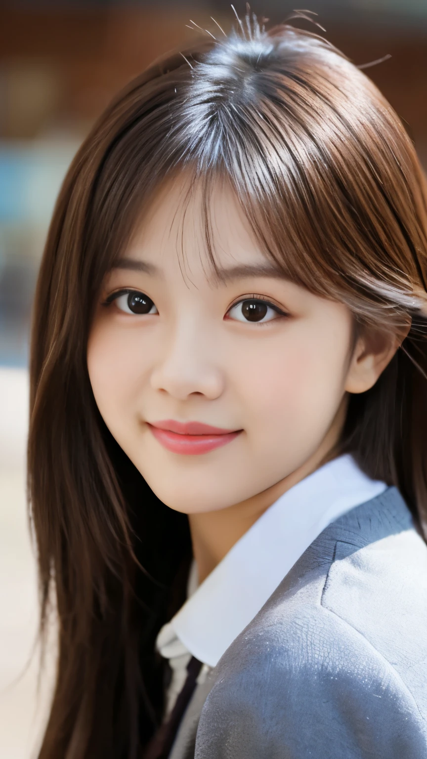 beautiful and cute 20-year-old Korean girl with a photorealistic face, showcasing top-quality craftsmanship. Her slender frame adorned with short, messy hair. The artwork high-resolution, allowing for ultra-detailed features to be captured flawlessly. The focus lies on the realistic pupils, showcasing depth and emotion. cute smile.