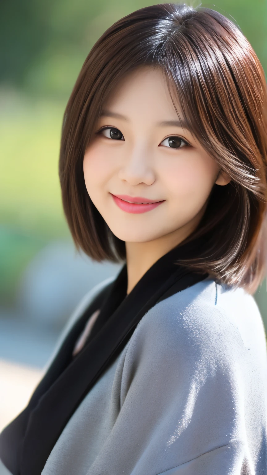 beautiful and cute 20-year-old Korean girl with a photorealistic face, showcasing top-quality craftsmanship. Her slender frame adorned with short, messy hair. The artwork high-resolution, allowing for ultra-detailed features to be captured flawlessly. The focus lies on the realistic pupils, showcasing depth and emotion. cute smile.