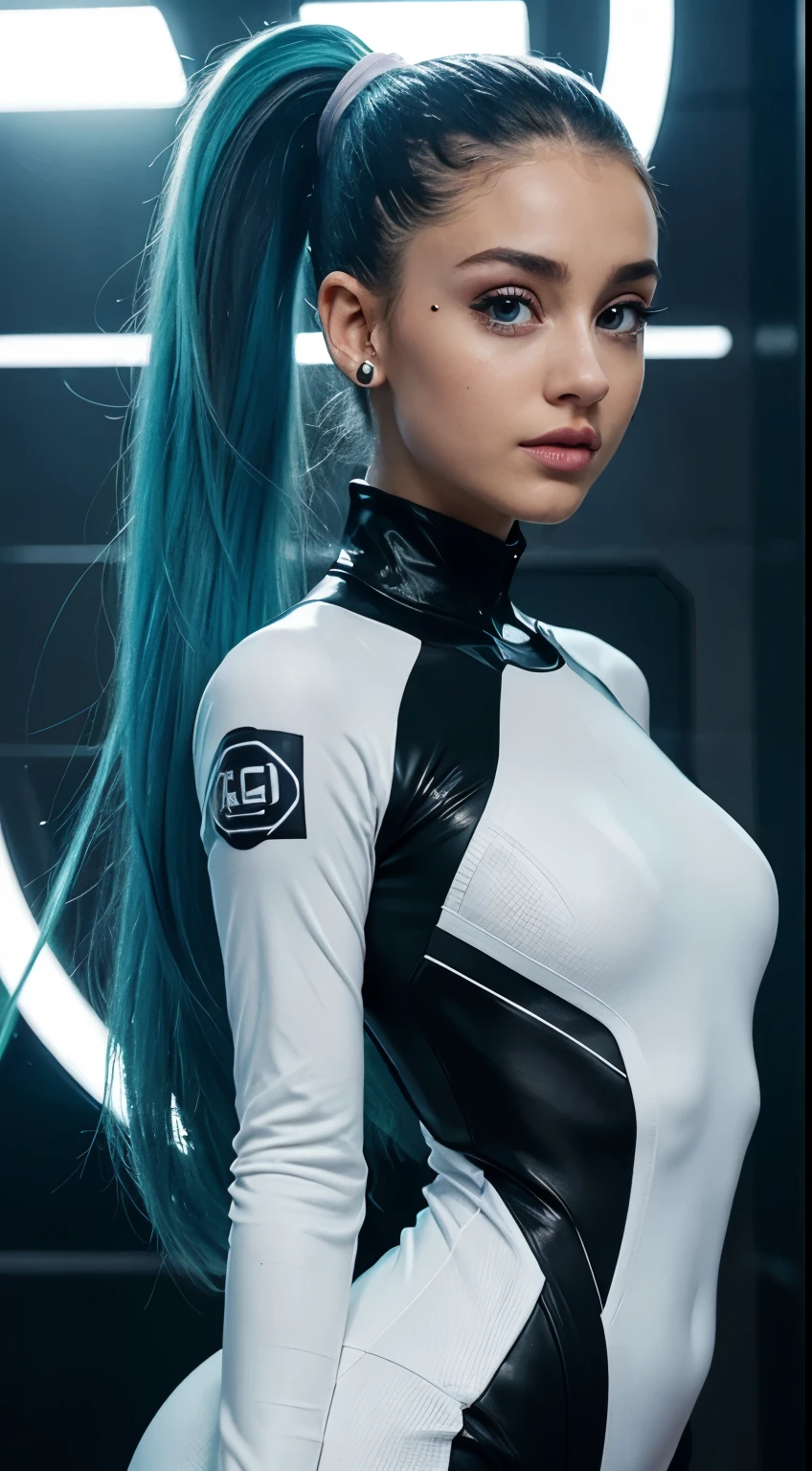 Full body cyber girl with ponytail.. La cara de Ariana Grande. Bright white color to show she's a cybernetic girl with a laser rifle.. cejas blancas. ropa como catsuit. She also has bright blue eyes... El entorno es como un terminador.. Hair is platina. She is illuminated with bright blue color on one side of her face.. llevado como.  And both hands also have LED light..