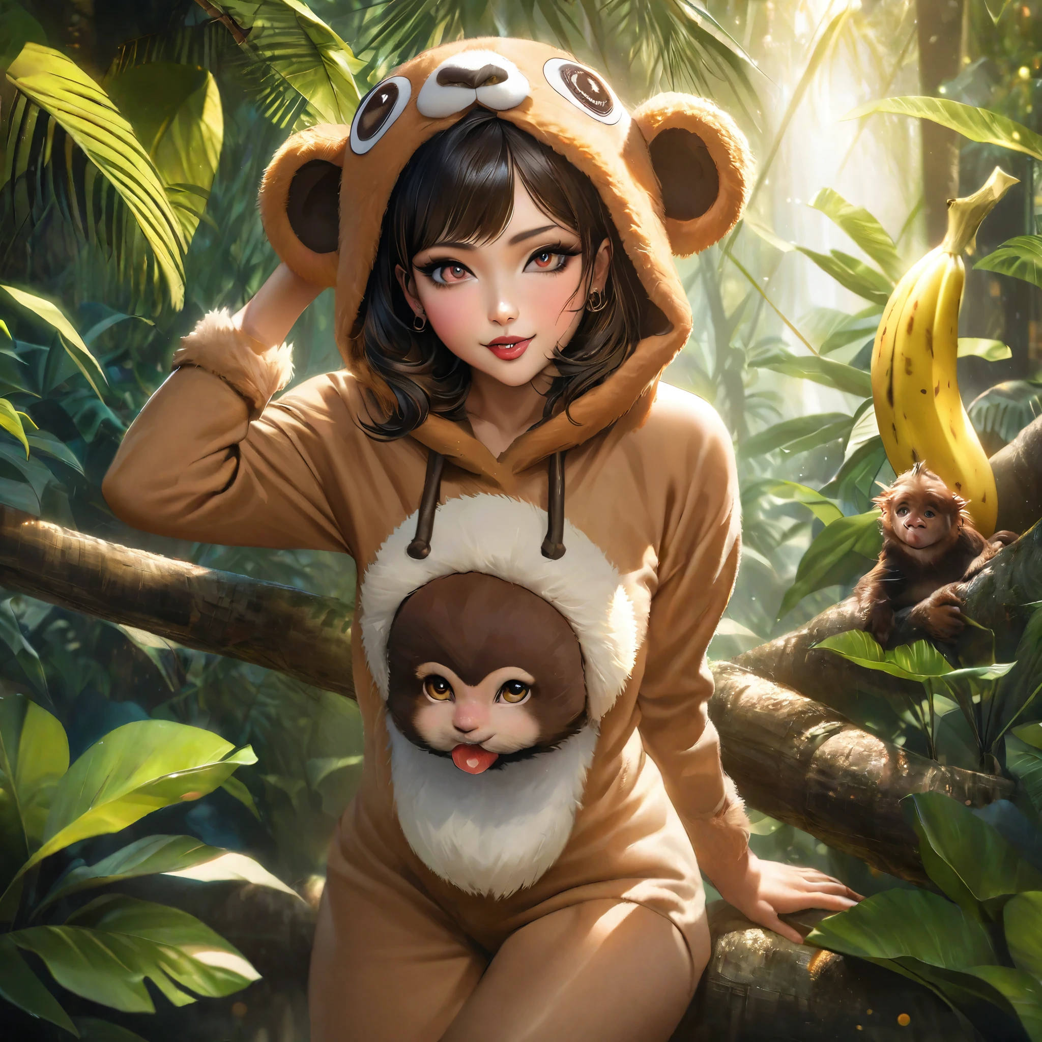 (Milana Aleksandrovna Vayntrub, age 25) in a sexy little monkey costume,flirting with the viewer,fake jungle,golden light streaming through the trees, vibrant green leaves blowing in the breeze,bamboo shoots, exotic flowers blooming, playful monkey swinging on a branch in the background, glossy fur on the monkey costume and realistic banana, detailed facial expressions depicting a mischievous smile and seductive eyes, high-res illustration style, vivid colors accentuating the jungle environment, soft warm color tones, studio lighting showcasing the subject's beauty, ultra-detailed rendering capturing every detail of the costume and surroundings, bokeh effect subtly blurring the background, photorealistic quality emphasizing the realism of the scene.