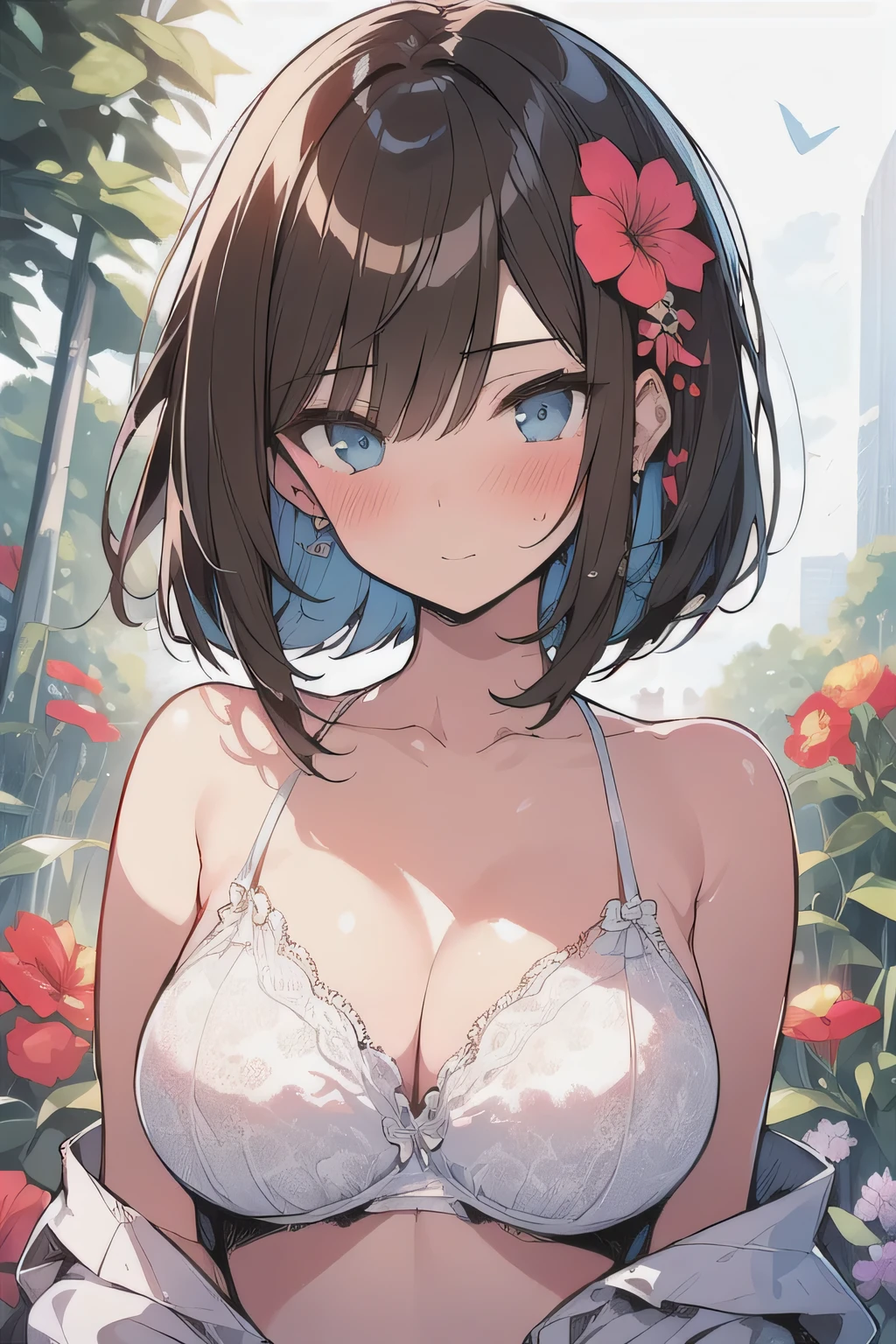 (best quality), (Super detailed), (Best Illustration), (masterpiece), (woman), {(white bra:1.2)}, (large breasts:1.2), {brown hair, (sideburns), (bob cut:1.3), curly hair, hairs between eyes, colored inner hair}, {(detailed eyes), blue eyes}, blush, earring, wind, (flower garden)