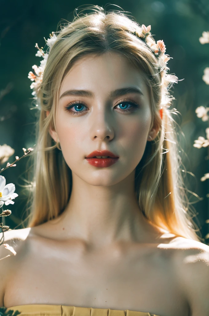 ( masterpiece, top quality, best quality,8k,17 years old girl,ultra detailed,raw photo:1.5),(photorealistic:1.4), (cinematic lighting), PerfectNwsjMajic, , Surrealism, UHD, ccurate, Super detail, textured skin, High detail, Best quality, dynamic angle, White skin,[Beautiful blue eyes], high nose,[flat chest:large breasts:0.5],(1girl),((good anatomy:0.5)),(covered in flowers:1.4), night sky, joint, (Blonde hair:1.3), interested in, fire and ice, (The image is divided into two，Available in a variety of colors:2), eyes blues, sapphire, liquid metal, night sky, (Look at an angle:1.3), (fire and ice), ((Lower chrome)), (hairpin:1.4), (forest:1.3), (fog: 1.3),  Subtle colors and tones, mystical aura ,dreamy atmosphere,expressive brush strokes, mystical ambiance, Artistic interpretation,