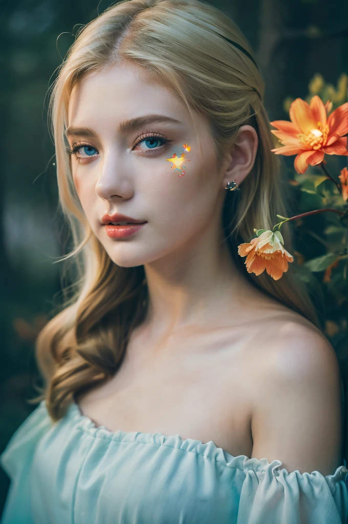 ( masterpiece, top quality, best quality,8k,17 years old girl,ultra detailed,raw photo:1.5),(photorealistic:1.4), (cinematic lighting), PerfectNwsjMajic, , Surrealism, UHD, ccurate, Super detail, textured skin, High detail, Best quality, dynamic angle, White skin,[Beautiful blue eyes], high nose,[flat chest:large breasts:0.5],(1girl),((good anatomy:0.5)),(covered in flowers:1.4), night sky, joint, (Blonde hair:1.3), interested in, fire and ice, (The image is divided into two，Available in a variety of colors:2), eyes blues, sapphire, liquid metal, night sky, (Look at an angle:1.3), (fire and ice), ((Lower chrome)), (hairpin:1.4), (forest:1.3), (fog: 1.3),  Subtle colors and tones, mystical aura ,dreamy atmosphere,expressive brush strokes, mystical ambiance, Artistic interpretation,