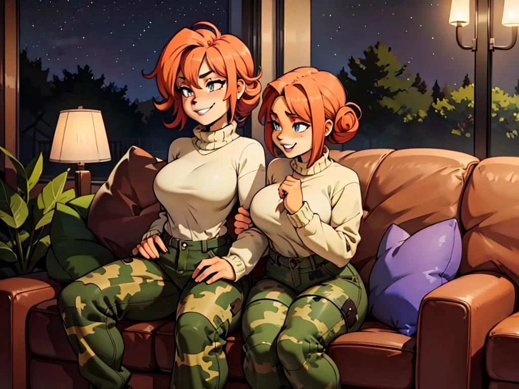  furry girls, Beautiful detailed faces, beautiful eyes, long eyelashes,  lovers sit on together , grin, cozy and warm, sweaters, camouflage trousers,  camouflage socks, night,  cool sexy moment