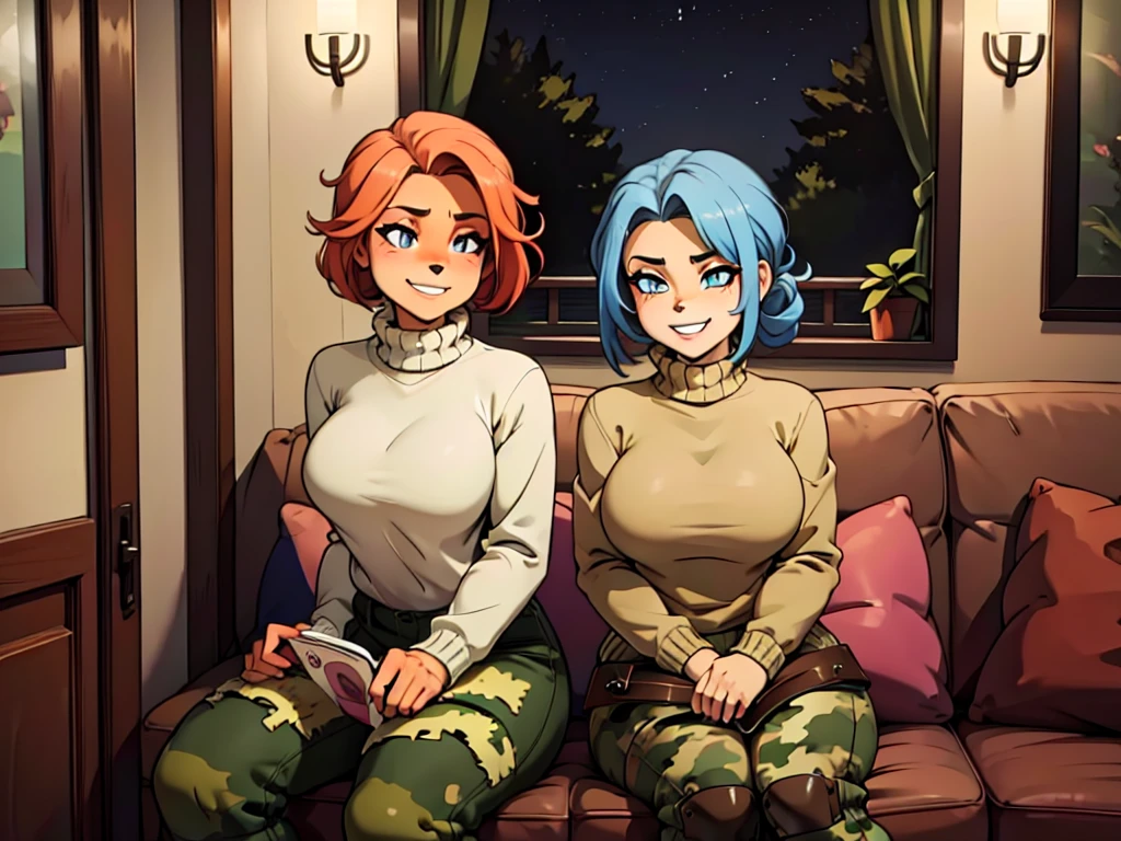  furry girls, Beautiful detailed faces, beautiful eyes, long eyelashes,  lovers sit on together , grin, cozy and warm, sweaters, camouflage trousers,  camouflage socks, night,  cool sexy moment