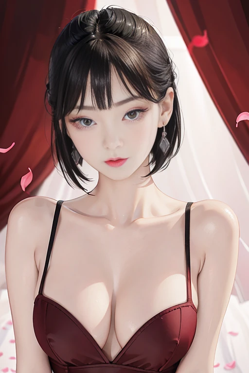 tsuruta ichiro, Narrow-eyed, 1girl in, Allback、deadpan、short-hair、shorth hair、brow、Reluctance、A dark-haired、Tucked Hair Solo, Cowgirl, Onepiece, ((mideum breasts)), Thin slit eyes、Black eyes, Light shines on the eyes、Black hair, gloves, Dress, Luxurious Jewelry, earrings, sharp eye、 elbow groves,Raise your hands and tie your hair back, random color, random color dress, Makeup for long eyes, Slender eyes、lip stick, Complex petal pattern, Rim Light, Back Light, pastel color,Studio Lighting