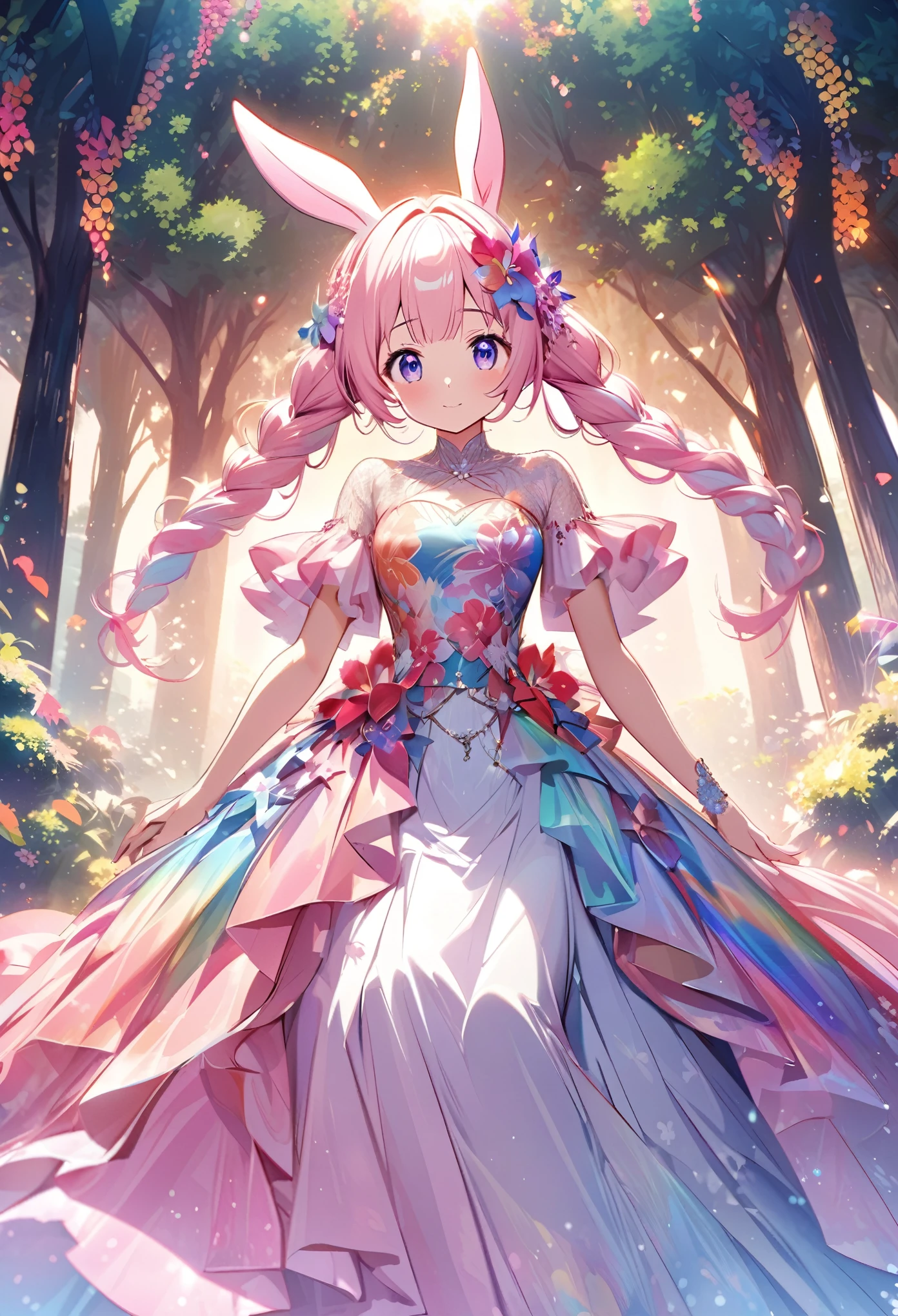 ``Japanese anime character, cute rabbit in pink color, beautiful adorable rabbit wearing an elegant and elaborate Hawaiian dress, the dress must have intricate designs and patterns to give it a luxurious and exclusive look. In the background, the image should depict the richness of the forest, with sunlight reflecting off the trees and illuminated mountains beyond. , emphasize the shimmering effect and rainbow throughout the image. Enhance your look and add special ruffles to your dress to stand out.”