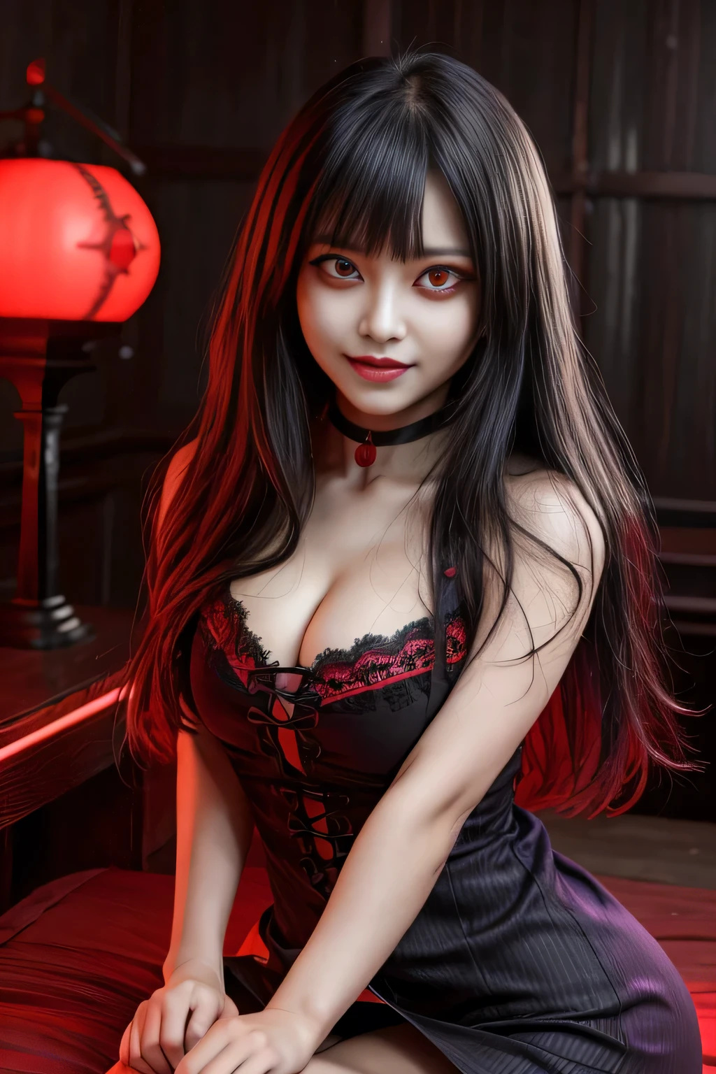 ((masterpiece, highest quality)), Edge Quality,
alone,One female succubus, Edge Gesugao,((Sadistic smile)), Long Hair, bangs, Grin, ((Wicked Smile)), Edge Gesugao facial expression, NSFW:-1.5, Black choker, ((Red glowing eyes:1.4)), Large bust, Wooden wall, Wooden desk, Morning sunlight, ((Purple Chinese Dress, Staring straight into the camera and threatening, Slim face))