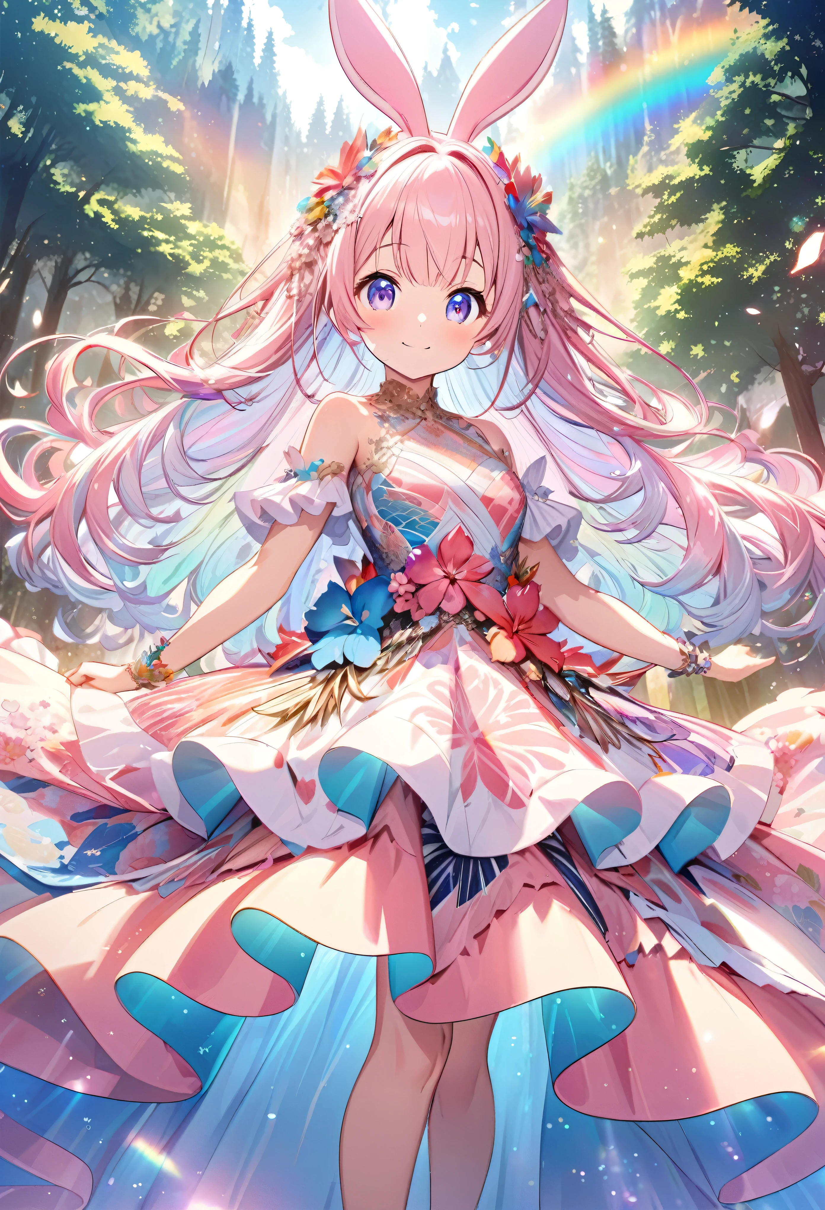 ``Japanese anime character, cute rabbit in pink color, beautiful adorable rabbit wearing an elegant and elaborate Hawaiian dress, the dress must have intricate designs and patterns to give it a luxurious and exclusive look. In the background, the image should depict the richness of the forest, with sunlight reflecting off the trees and illuminated mountains beyond. , emphasize the shimmering effect and rainbow throughout the image. Enhance your look and add special ruffles to your dress to stand out.”