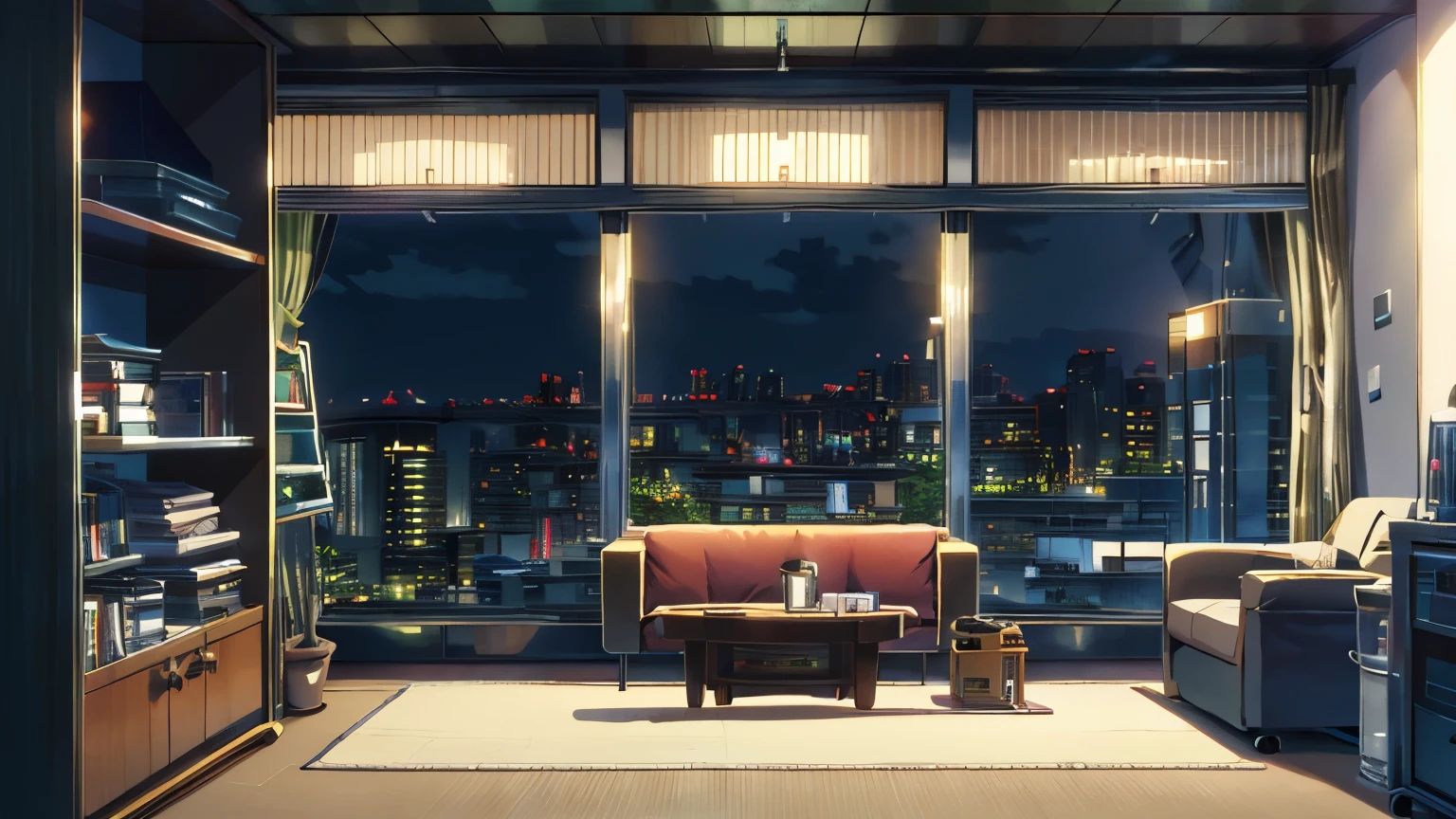 A window with a view of the Tokyo skyline at night、High-rise apartment building、A stylish room with a bookshelf, sofa and desk、coffee、shinkai makoto