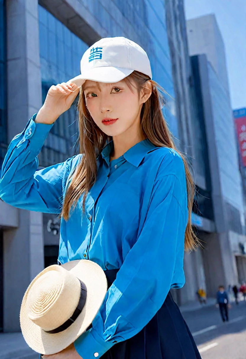 araffe woman in a white hat and a blue shirt in a city, trending on cgstation, trending at cgstation, official artwork, anaglyph effect ayami kojima, advertising photography, yanjun chengt, by Russell Dongjun Lu, style hybrid mix of beeple, korean women's fashion model, 8k octan advertising photo