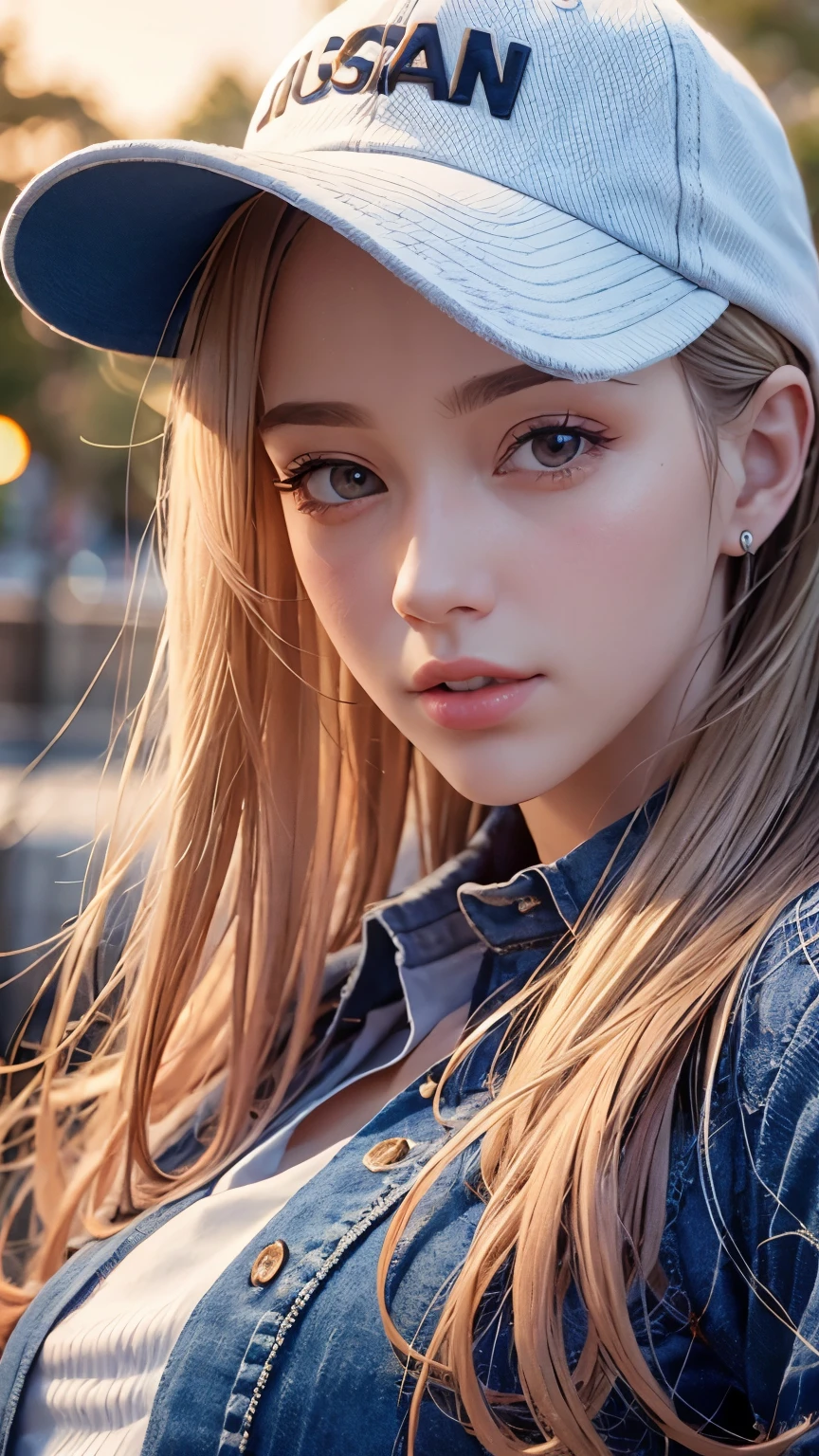 One girl, Terry Bogard Girl, Blonde, ponytail, blue eyes, Baseball cap, Eyes focus, Beautiful park background (8k), (highest quality), (masterpiece:1.2), (Realistic), (Very detailed), (Fine grain:1.2), (Detailed face:1.2), (realism:1.2), (super high quality), (Complex), (85mm), Particles of light, Lighting, (Very detailed:1.2), (Gradation), Colorful, SFW, Dawn, alone,(Bust Shot:1.5)