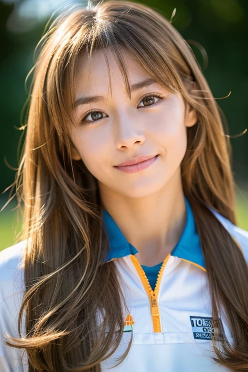 light brown hair, Floating hair, Shiny hair, Medium Hair, lightsmile, depth of fields, One-person viewpoint, F/1.8, canon, nffsw, retinas, ccurate, masutepiece, Anatomically correct, Textured skin, Super Detail, high details, High quality, awardwinning, Best Quality, hight resolution, 1080p, hard disk, 4K, 8K, 16 K, Cracked abs, Female athletes, (toru & Field Uniforms), (toru & Field Venues), Big Tits:1.3