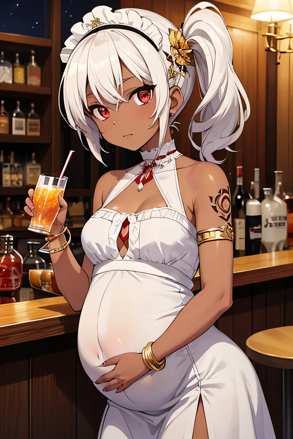beautiful, (masterpiece), best quality, (extremely detailed face), extremely detailed eyes, perfect lighting, OverallDetail, detailed, deep skin,textured skin, pregnant Belly,
,dark skin, white tattoo, , short white hair, side ponytail, red eyes, ahogeheaddress, bracelet, armlet, white dress, gold trim, halterneck, navel, bare shoulders,
drinking, bar,night,
