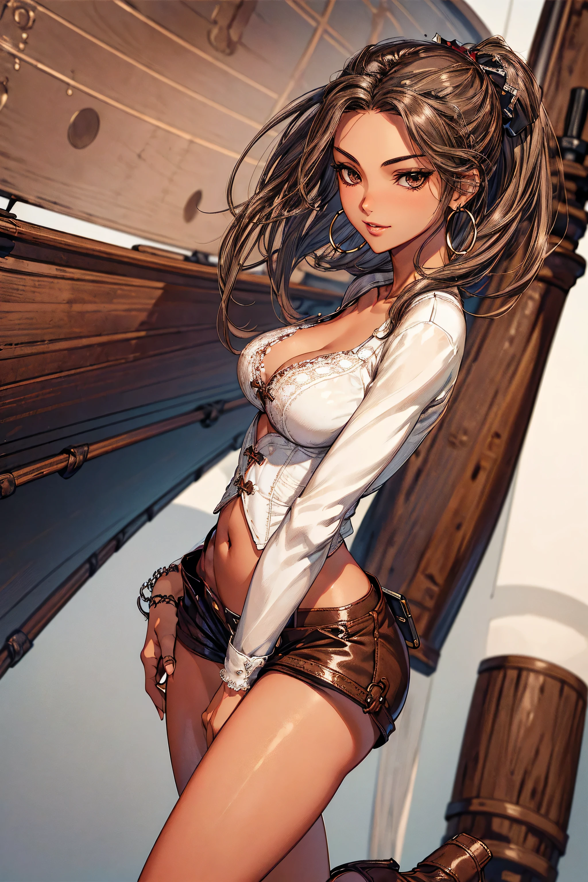 (masterpiece), best quality, expressive eyes, perfect face, (pirate ship background), (standing), (smirk), (closeup view), (1girl, vanessa alessia, dark skin, tanned skin, brown hair, wavy hairstyle, brown eyes, hourglass figure, thin body, skinny body, petite_body, medium breasts, thick thighs, long fingernails, brown plaid head wrap, white front lace blouse, long sleeve, loose fit, brown leather corset, brown leather shorts, brown boots, sheathed cutlass sword, flintlock pistol in holster, hoop earrings, miscellaneous jewelry)