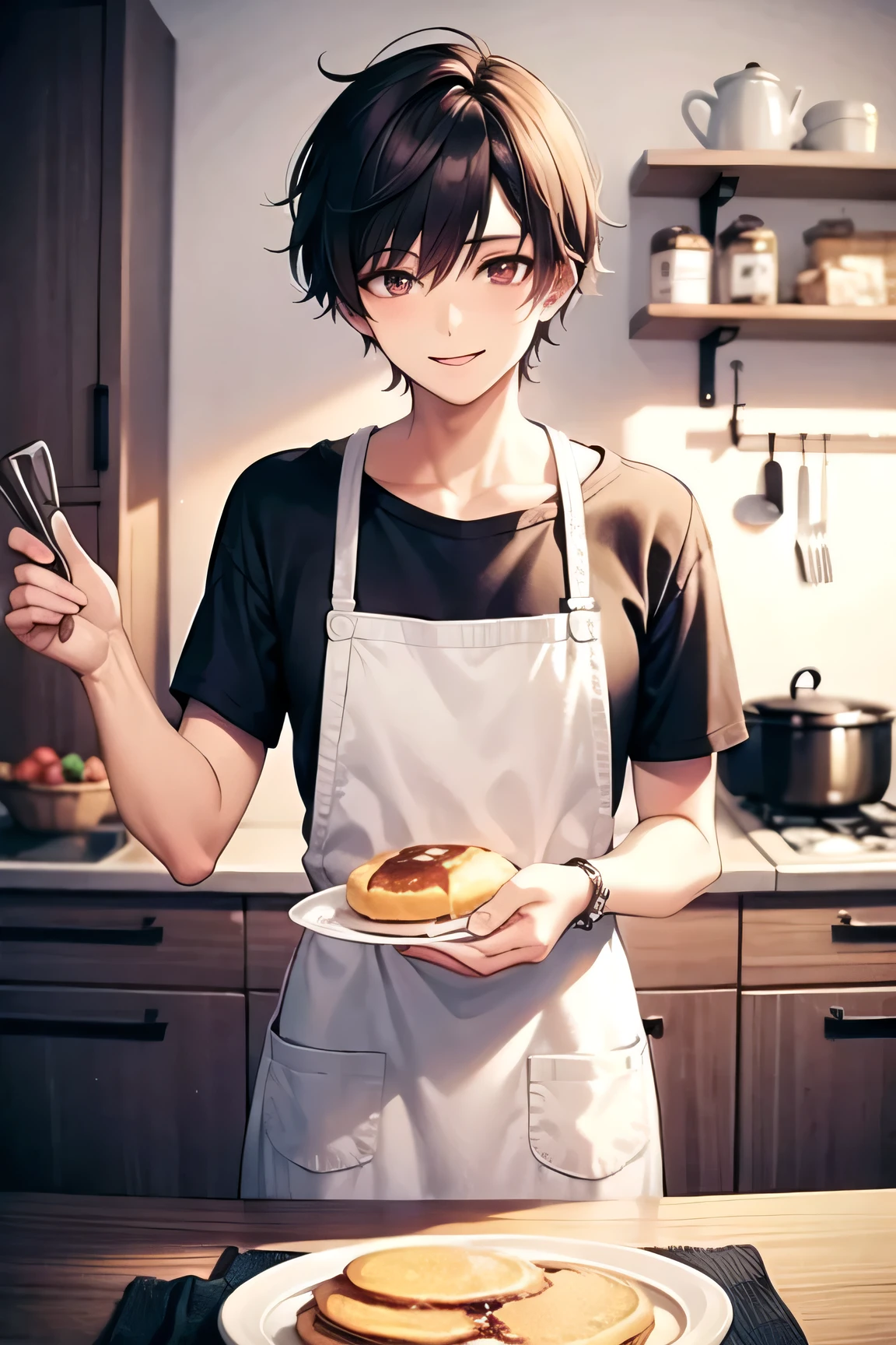 ((best quality)), ((masterpiece)), (detailed), perfect face,Title: “Pancake Prince”
handsome guy standing in a cozy kitchen, baking pancakes. He has a charming and warm smile on his face, as he expertly flips a pancake in the air. He wears a casual apron and a t-shirt or sweater, suggesting a relaxed and comfortable atmosphere. The lighting is soft and warm, creating a cozy and inviting scene. The kitchen is decorated with cute and quirky touches, such as a print of a cute animal or a funny sign on the wall. The pancakes on the stove look delicious and fluffy, and there are bowls of fruit or other toppings nearby. The overall effect is a cute and heartwarming image that celebrates the simple joys of cooking and sharing a delicious meal with loved ones.