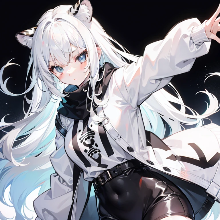 A cute girl with milky white hair, wearing a black and white tiger patterned sweater