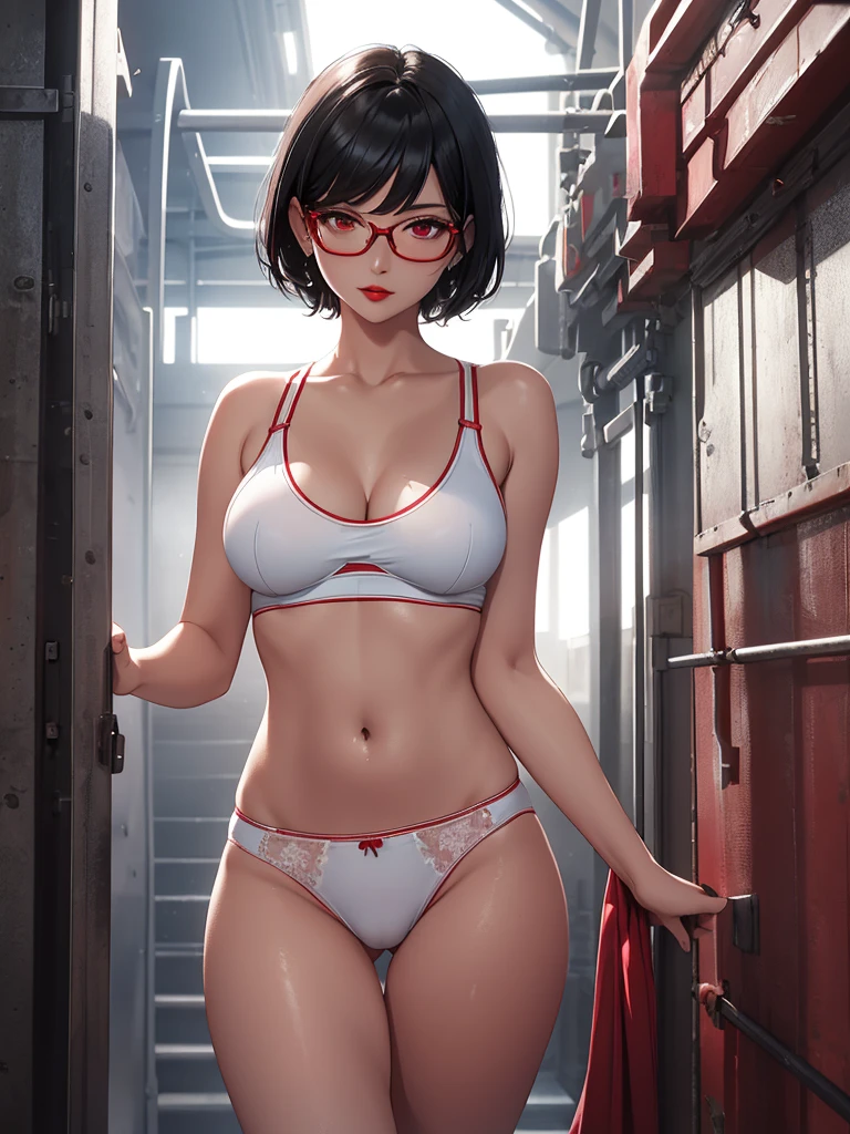 beautiful girl, 18 years old,Short hair, shoulder length,black hair, big breasts,wet, camel toe, red lips ,Wear glasses,
White underwear, sexy pose,
spirit body, red eyes, Shoot a red beam, stand in the air,