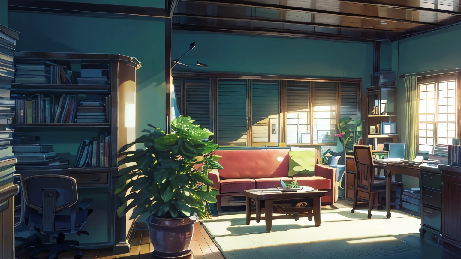 A stylish room with a bookshelf, sofa and desk、Foliage plant、shinkai makoto