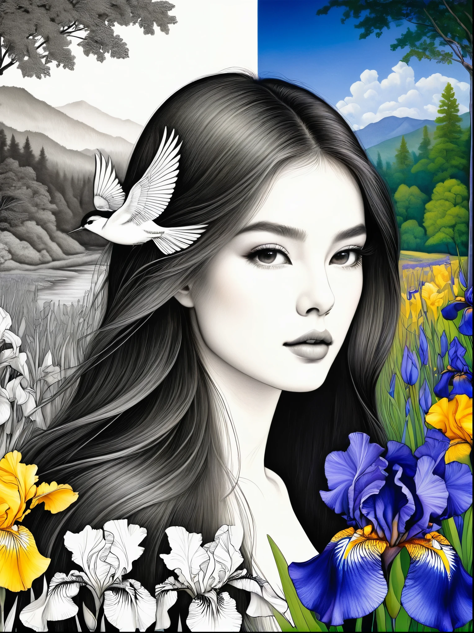 Bird，Wildflowers and irises in a forest setting，1 image of a long-haired beauty，Artwork should be in pencil drawing style，Transition from black and white on the left half to bright colors on the right half，Ensure seamless integration between the two halves，No dividing line，The scene is the same on both sides，Black and white pencil detail on left side，Right side filled with color，The blend formed in the whole image，Perfect details, animation art style, Large murals, Sharp contrast between light and dark