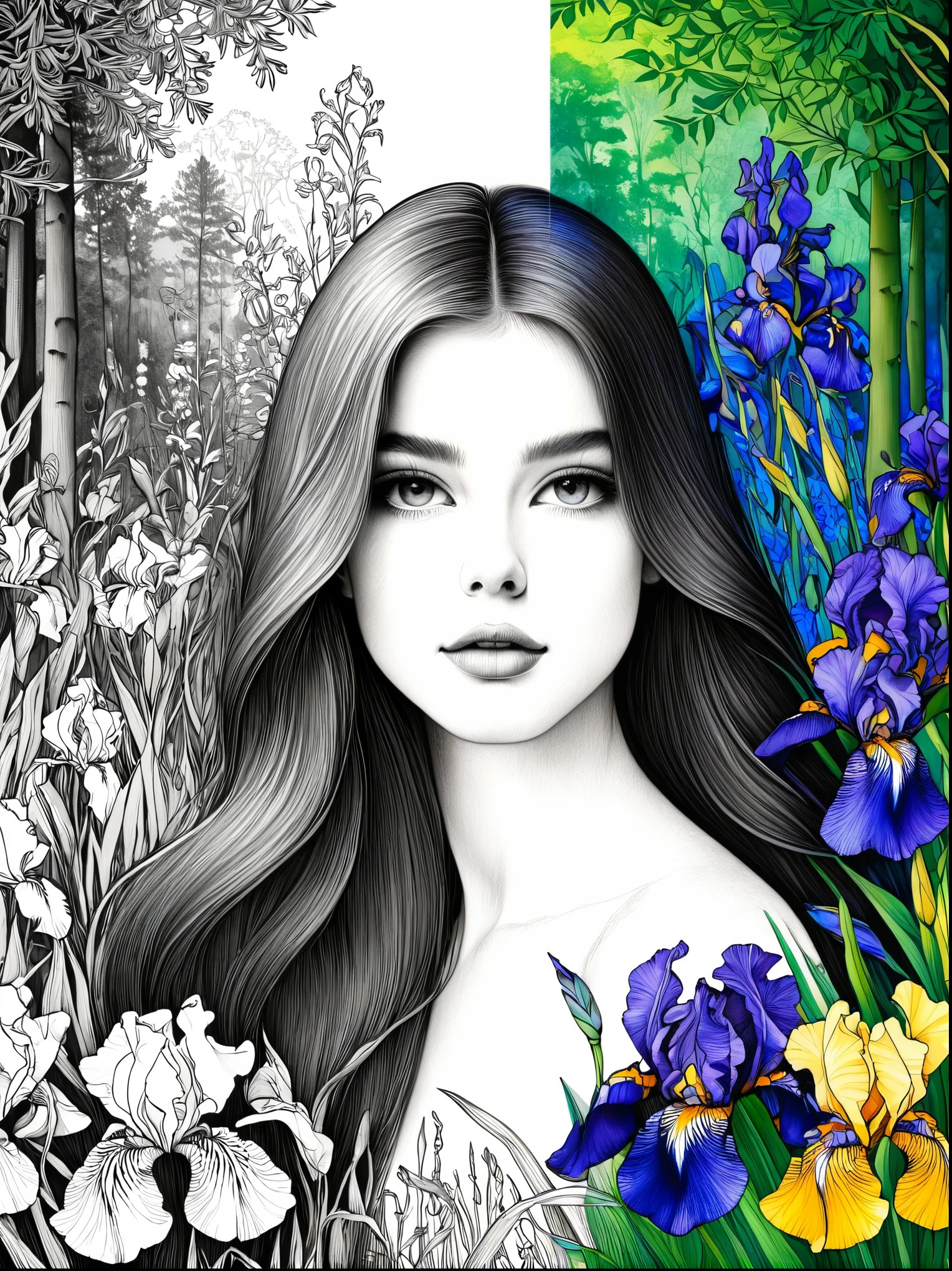 Bird，Wildflowers and irises in a forest setting，1 image of a long-haired beauty，Artwork should be in pencil drawing style，Transition from black and white on the left half to bright colors on the right half，Ensure seamless integration between the two halves，No dividing line，The scene is the same on both sides，Black and white pencil detail on left side，Right side filled with color，The blend formed in the whole image，Perfect details, animation art style, Large murals, Sharp contrast between light and dark