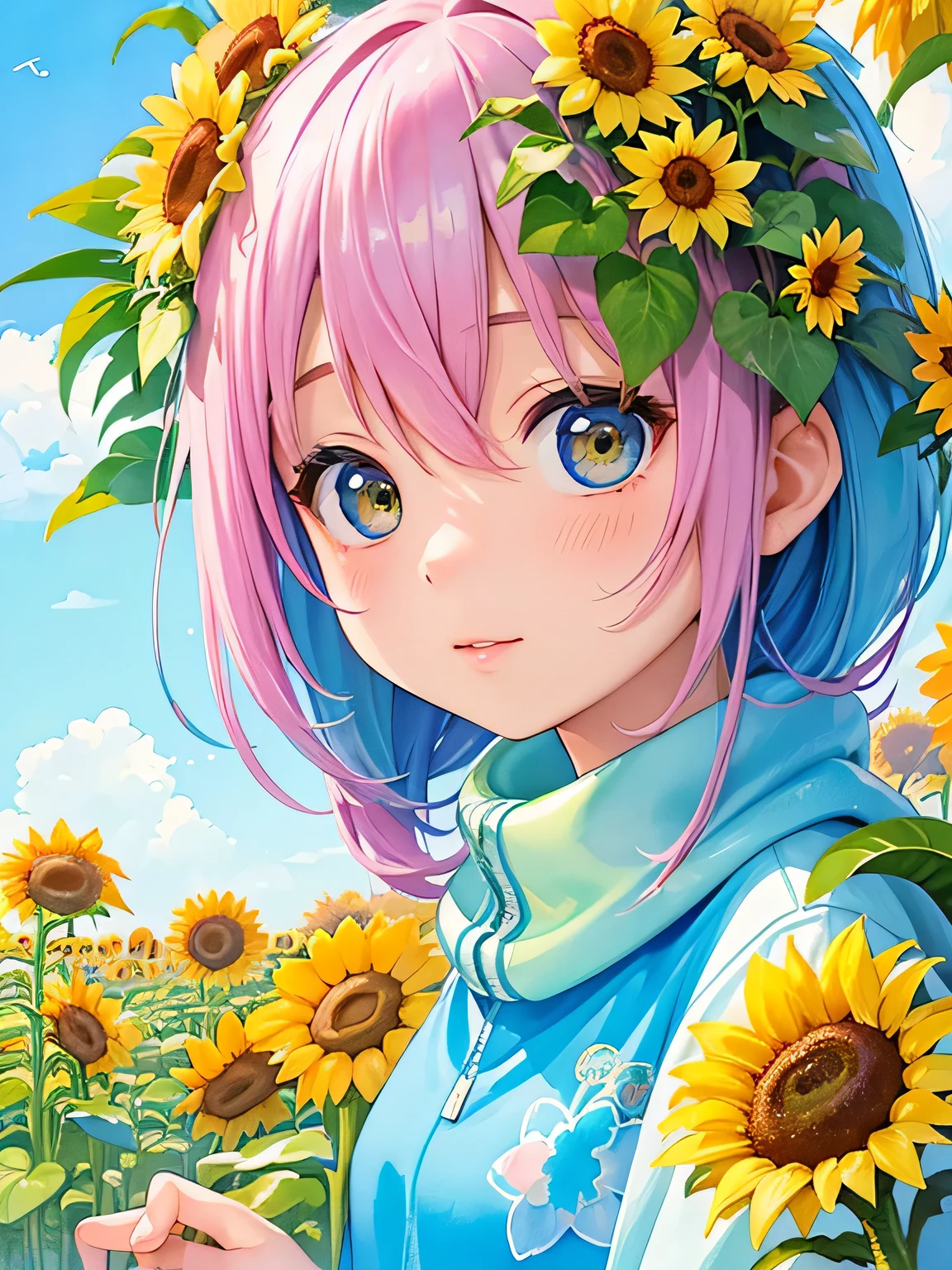 Momoko Sakura style、8K Quality、Intense watercolor, Detailed watercolor art, Watercolor splash, Surreal, avant-garde pop art, Beautiful and expressive paintings, Beautiful artwork illustration, Very colorful tones, wonderful, Cool beauty, highest quality、Official Art, Vector art, Stylish design, ((The most beautiful girl of all time)), (((highest quality))), HDR, ((detailed)), (((Doodle Art)), ((masterpiece)), ((Super detailed)), (((Cute Aliens))), (((play together)))、Hot summer day, beach, sunflower