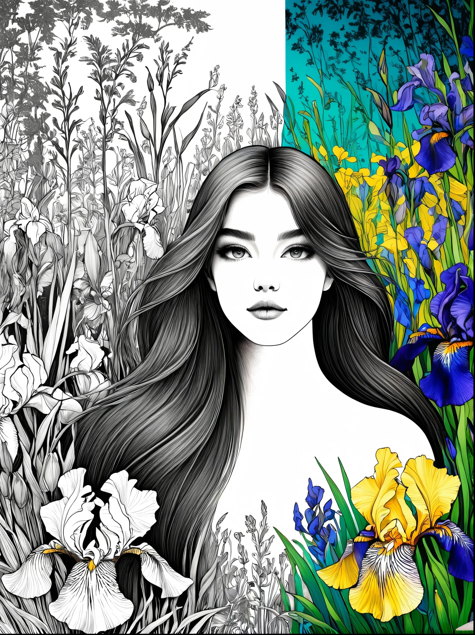 Bird，Wildflowers and irises in a forest setting，1 image of a long-haired beauty，Artwork should be in pencil drawing style，Transition from black and white on the left half to bright colors on the right half，Ensure seamless integration between the two halves，No dividing line，The scene is the same on both sides，Black and white pencil detail on left side，Right side filled with color，The blend formed in the whole image，Perfect details, animation art style, Large murals, Sharp contrast between light and dark