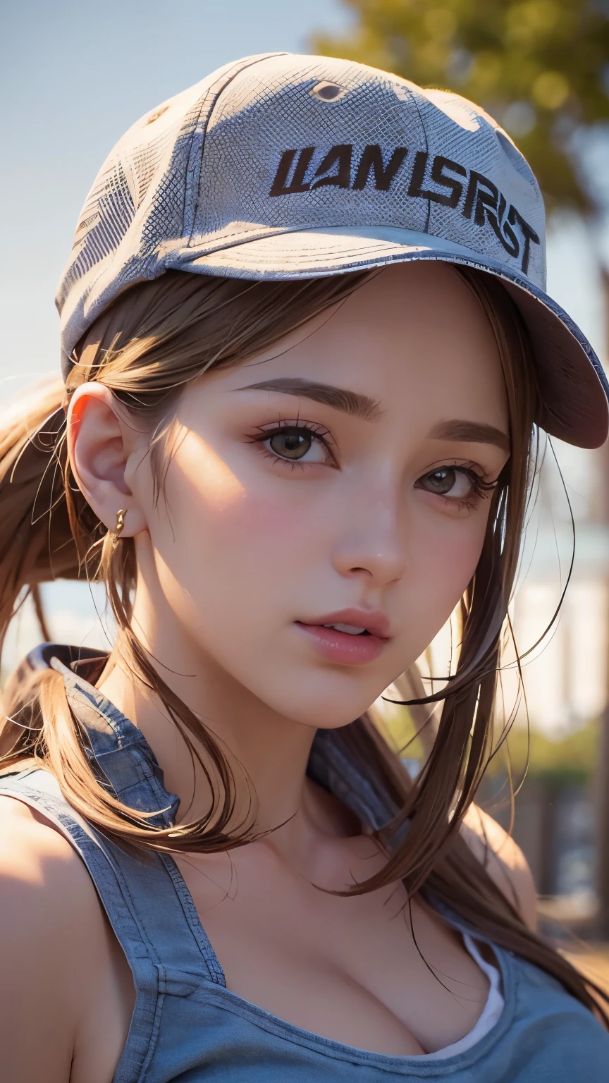 One girl, Terry Bogard Girl, Blonde, ponytail, blue eyes, Baseball cap, Eyes focus, Beautiful park background (8k), (highest quality), (masterpiece:1.2), (Realistic), (Very detailed), (Fine grain:1.2), (Detailed face:1.2), (realism:1.2), (super high quality), (Complex), (85mm), Particles of light, Lighting, (Very detailed:1.2), (Gradation), Colorful, SFW, Dawn, alone,(Bust Shot:1.5)