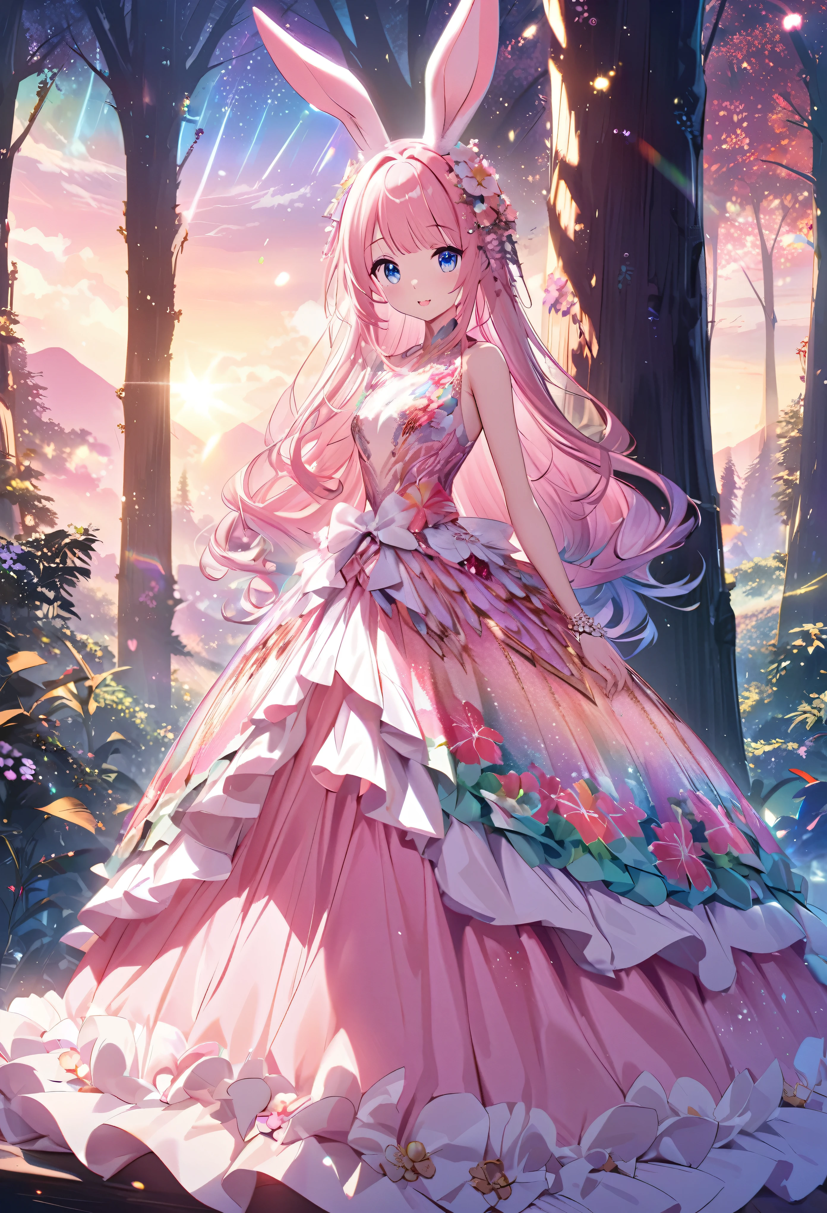 ``Japanese anime character, cute rabbit in pink color, beautiful adorable rabbit wearing an elegant and elaborate Hawaiian dress, the dress must have intricate designs and patterns to give it a luxurious and exclusive look. In the background, the image should depict the richness of the forest, with sunlight reflecting off the trees and illuminated mountains beyond. , emphasize the shimmering effect and rainbow throughout the image. Enhance your look and add special ruffles to your dress to stand out.”
