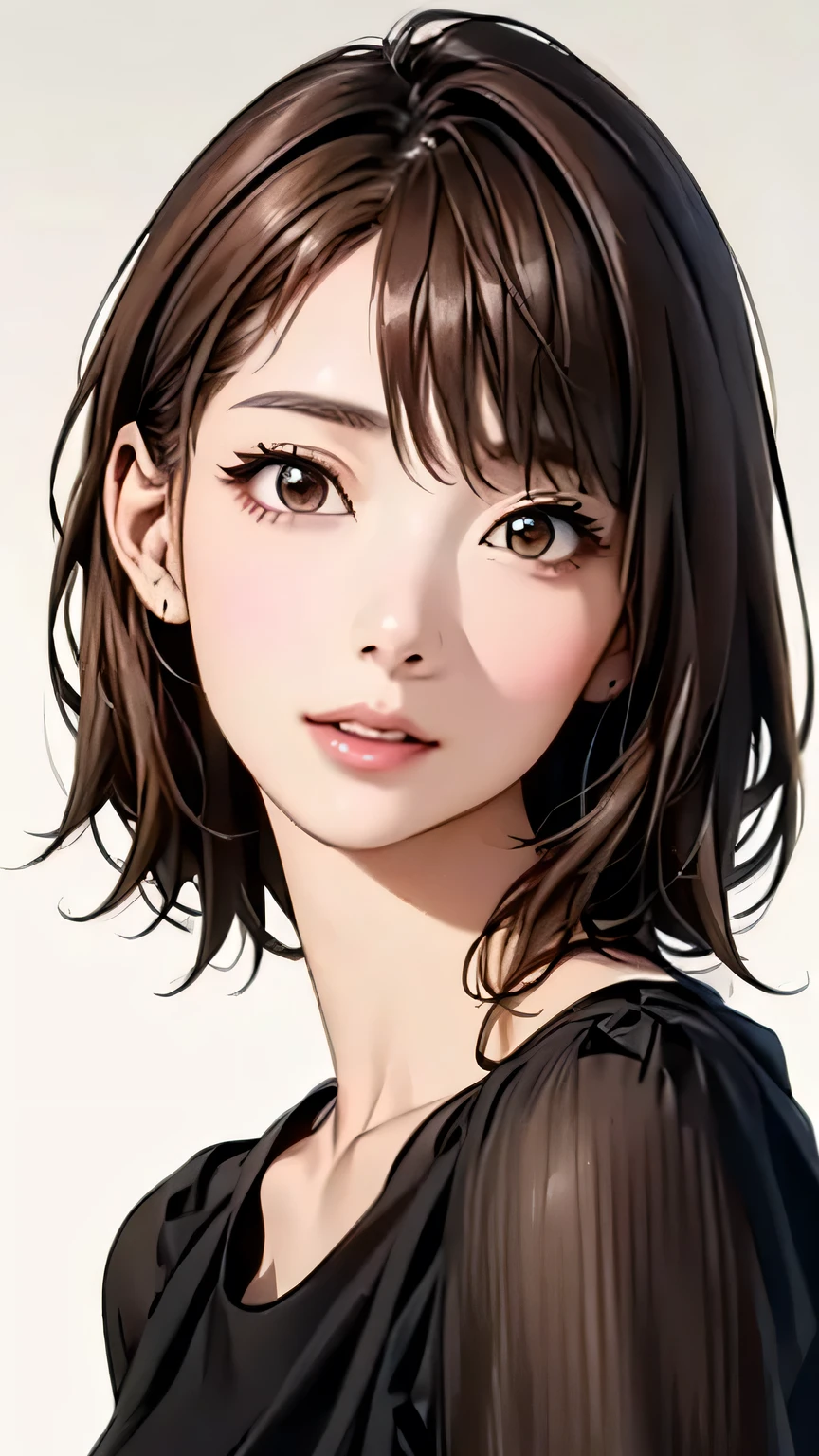 (highest quality、8k、32k、masterpiece)、(Realistic)、(Photorealistic:1.2)、(High resolution)、Very detailed、Very beautiful face and eyes、1 girl、Round and small face、Narrow waist、Delicate body、(close、highest quality、Attention to detail、Rich skin detail)、(highest quality、8k、Oil paint:1.2)、Very detailed、(Realistic、Realistic:1.37)、Bright colors、(((Brown Hair)))、(((Bust Shot)))、(((Pure white wall background)))、((Casual Fashion))