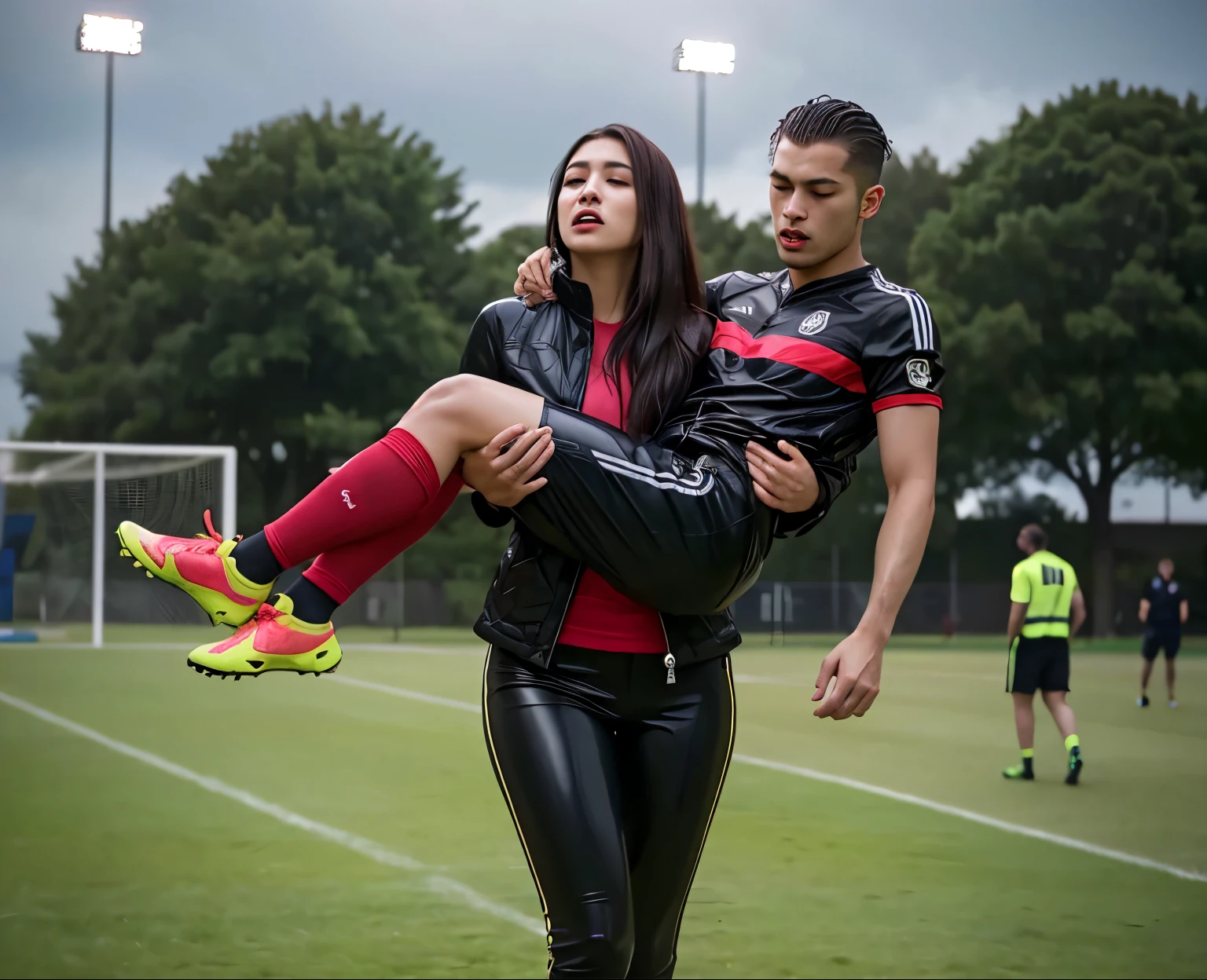 a portuguese girl in a laquered and very shiny quilted coat carries a man soccer player, a woman carries a man, a portuguese woman carries a male soccer player in her arms, rainy weather, rainfall, humid, girl carries guy, lift and carry, an excessively madeup latino-girl in a high-shine wet black latex downcoat, a soccer scene, very matte cotton soccer sportswear on a well shaped male body, a soccer injury, first aid carry at a soccer match, a young madeup latino-girl in a shiny black vinyl downjacket, a madeup latino-girl in a shiny plastic-downcoat, a very sad and desperately crying latino-girl, an intensely madeup latino-girl in a glossy black vinyl-downcoat, latino-girl with lipstick, latino-girl with smoky eyes, dramatic action pose, woman that is carrying a skinny shorthaired man, there is a beautiful woman in a shiny coat who is carrying a shorthaired blond man in her arms, a longhaired beautiful woman in a high-shine black puffy coat, a longhaired woman in a shiny downcoat, a woman is carrying a shorthaired man who is wearing black shorts, a weak shorthaired man in black shorts is consciousless and needs to be carried, a shorthaired man with closed eyes is carried in the arms of a longhaired latino-woman, a latino-woman looks very scared and terrified, a consciousless shorthaired man with closed eyes is suffering very much and has a very painful face, photo, photo shoot, photographed, arafed man being carried by a woman, very realistic, very very realistic, hyper-realistic, hyper - realistic, hyper realistic, jacket over bare torso, very disturbing, very hyperrealistic, super realistic, hyperrealistic!, extremely realistic, very very very realistic, super-realistic realistic, super-realistictic!, extremely realistic, very very very realistic, super-realistic realistic, super-realistic