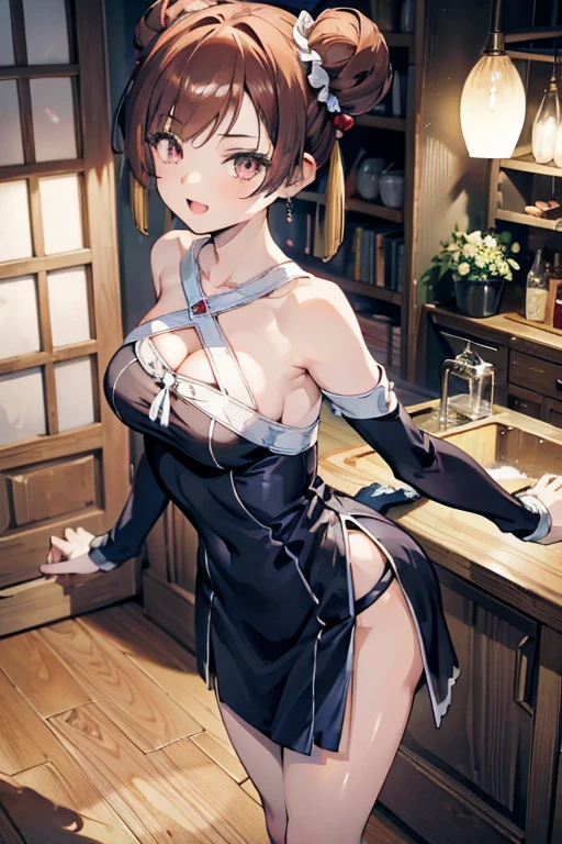 Adult Woman, masterpiece, 1girl, Amazing Cleavage:1.3, thin waist, big ass, Raised sexy, medium breast:1.3,posed cleavage:1.2,solo, open mouth, have a cup of coffee,black hair, red eyes, dress, bare shoulders, jewelry, collarbone, sidelocks, hairband, earrings, indoors, off shoulder, arms behind back, plant, short hair with long locks, black hairband, sweater dress, off-shoulder sweater, red sweater, big side hair, very long side hair,is rendered in (masterpiece: 1.2, best quality), with (ultra high resolution) and an exquisite (depth of field). This masterpiece is not only visually stunning but also tells, make of cooking some cakes ,in the kitchen,Long dark blonde wavy hair、her thin pubic hair, Puffy nipple、(short flared skirt)、garter stocking、Earring、Medium milk, cute smile face、(Pose to lean forward and emphasize the chest)、sexy hips、high-heels、atlibrary、((Close your arms to your chest and look up)),(with sparkling eyes and a contagious smile), looking at viewer,