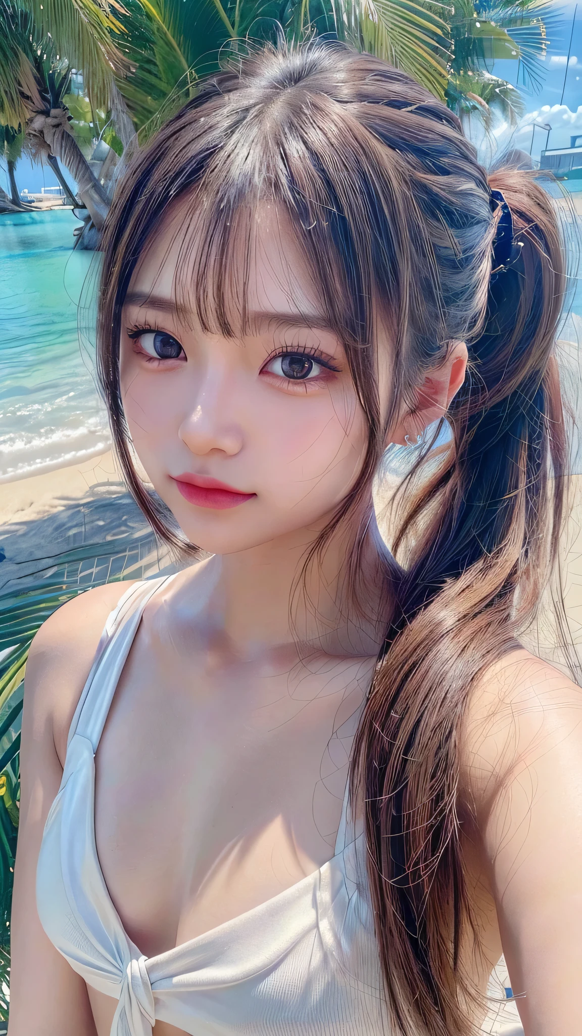 Beach,resort,Sexy White Bikini,Blushing,Facing forward,Close-up of face,Small breasts,,Long hair ponytail,((8K, Raw photo, Best Quality, Mastepiece:1.2), (Realism, Photorealistic:1.4), (Highly detailed 8K wallpapers), Depth of written boundary, Cinematic Lighting, Soft Light, Detailed Beauty Eye,Shiny and smooth light brown ponytail, Asymmetrical bangs, Shiny skin, Ultra-detailed skins ,It is high resolution., High detail, Detailed hairstyle, Detailed facial beauty, Hyper-realistic, Perfect limbs, Perfect Anatomy ,1 Japanese girl,Famous Japanese Idols, Perfect female body,A shy smile,Short eyelashes,Double-edged eyelids,Look straight here,Hair style: ponytail,Close-up of face