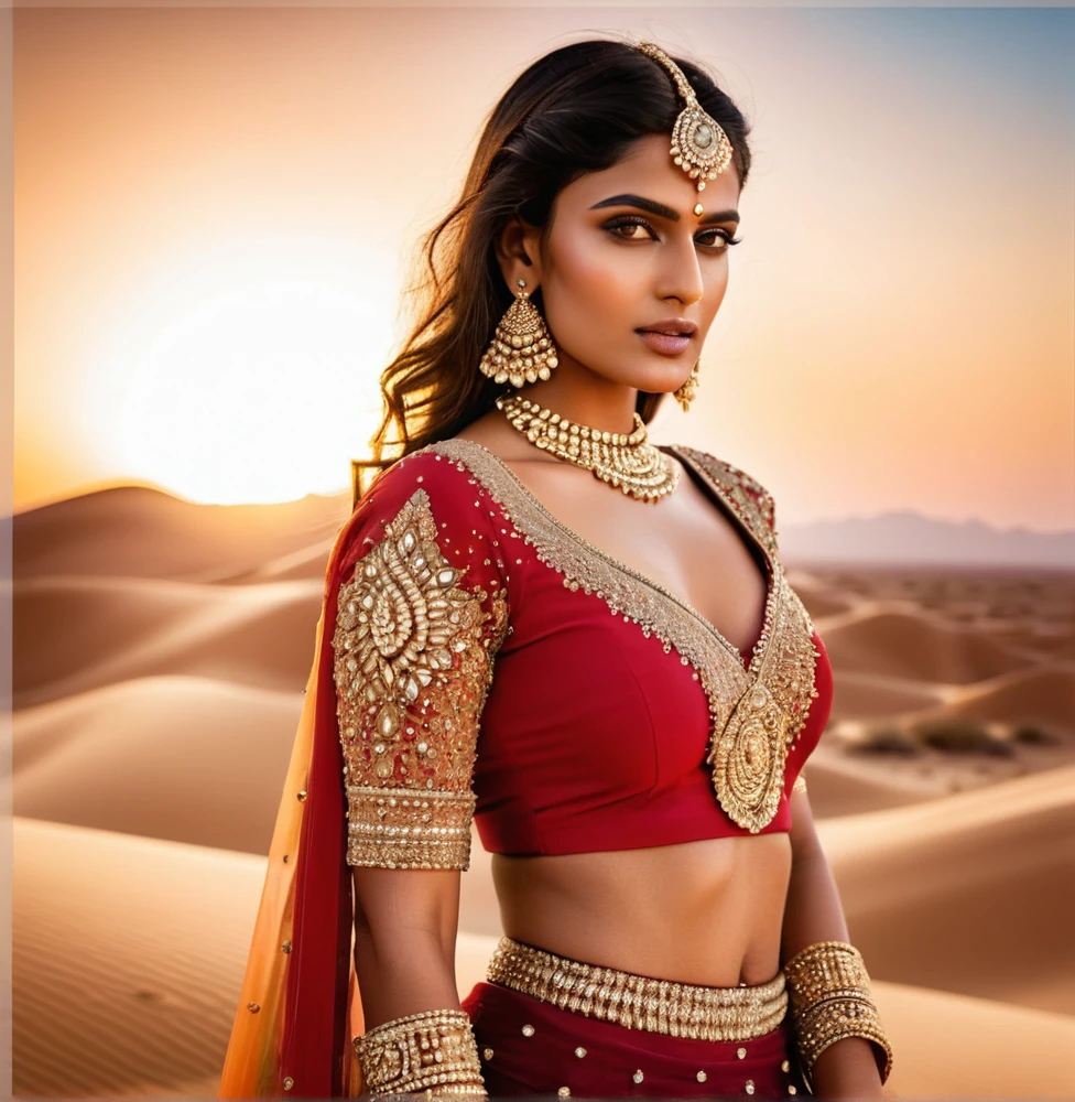 A mesmerizing Indian Instagram model, wearing a glamorous lehenga choli intricately embellished with sequins and beads, her makeup exuding elegance with bold eyes and soft lips, posing against the backdrop of a majestic sunset over the desert dunes, casting a golden hue over the landscape, highlighting her allure and sophistication, Photography, high-resolution DSLR with a telephoto lens, fair complexion, ultra realistic, beautiful face