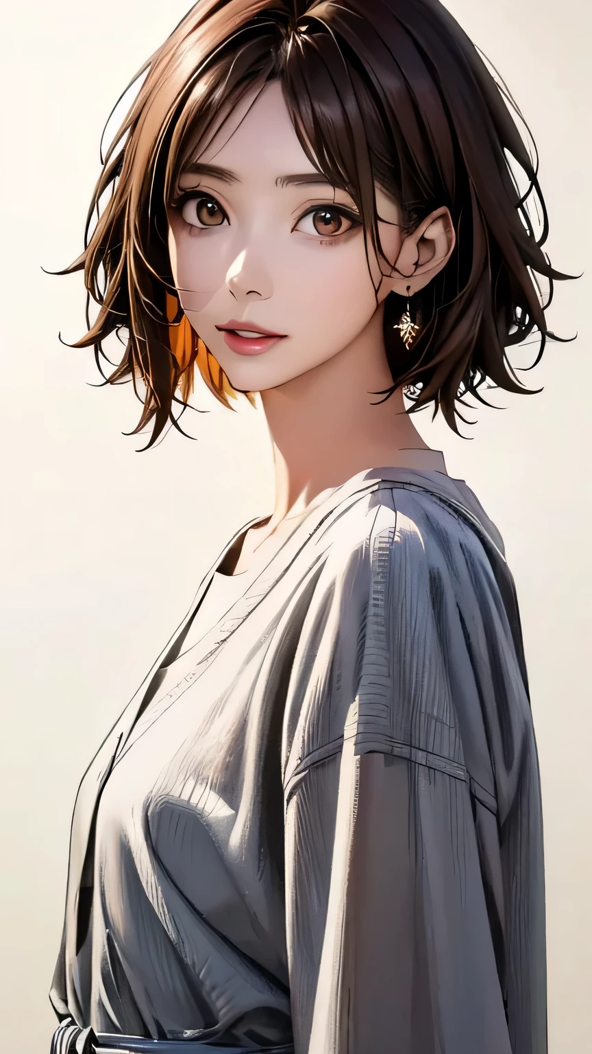 (highest quality、8k、32k、masterpiece)、(Realistic)、(Photorealistic:1.2)、(High resolution)、Very detailed、Very beautiful face and eyes、1 girl、Round and small face、Narrow waist、Delicate body、(close、highest quality、Attention to detail、Rich skin detail)、(highest quality、8k、Oil paint:1.2)、Very detailed、(Realistic、Realistic:1.37)、Bright colors、(((Brown Hair)))、(((Bust Shot)))、(((Pure white wall background)))、((Casual Fashion))