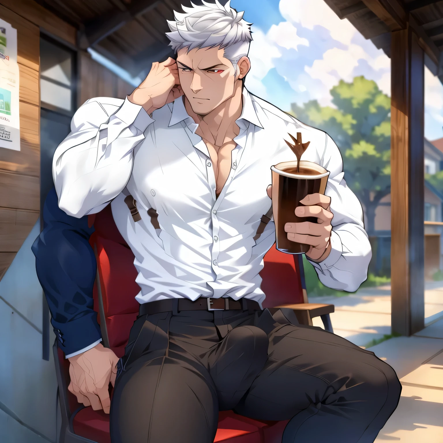 Muscular man, male focus, red eyes, short hair, white hair, pants on, unbuttoned shirt, sipping cup of coffee at cafeteria, bulge in pants, beautiful face, detailed face, white plain shirt, brown pantsm sitting over chair