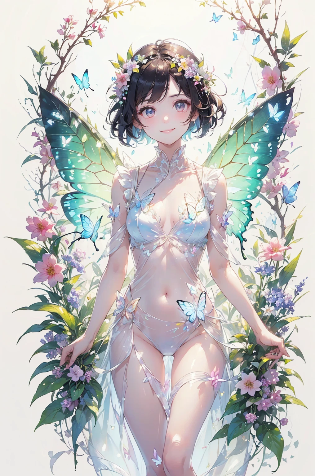 (masterpiece、highest quality、highest quality、Beautiful and beautiful:1.2)、(Good anatomy:1.5)、Drawing of a girl with straight short hair、Transparent butterfly costume、Adorable smile、looking at the camera、put flowers and leaves on your head、digitalis