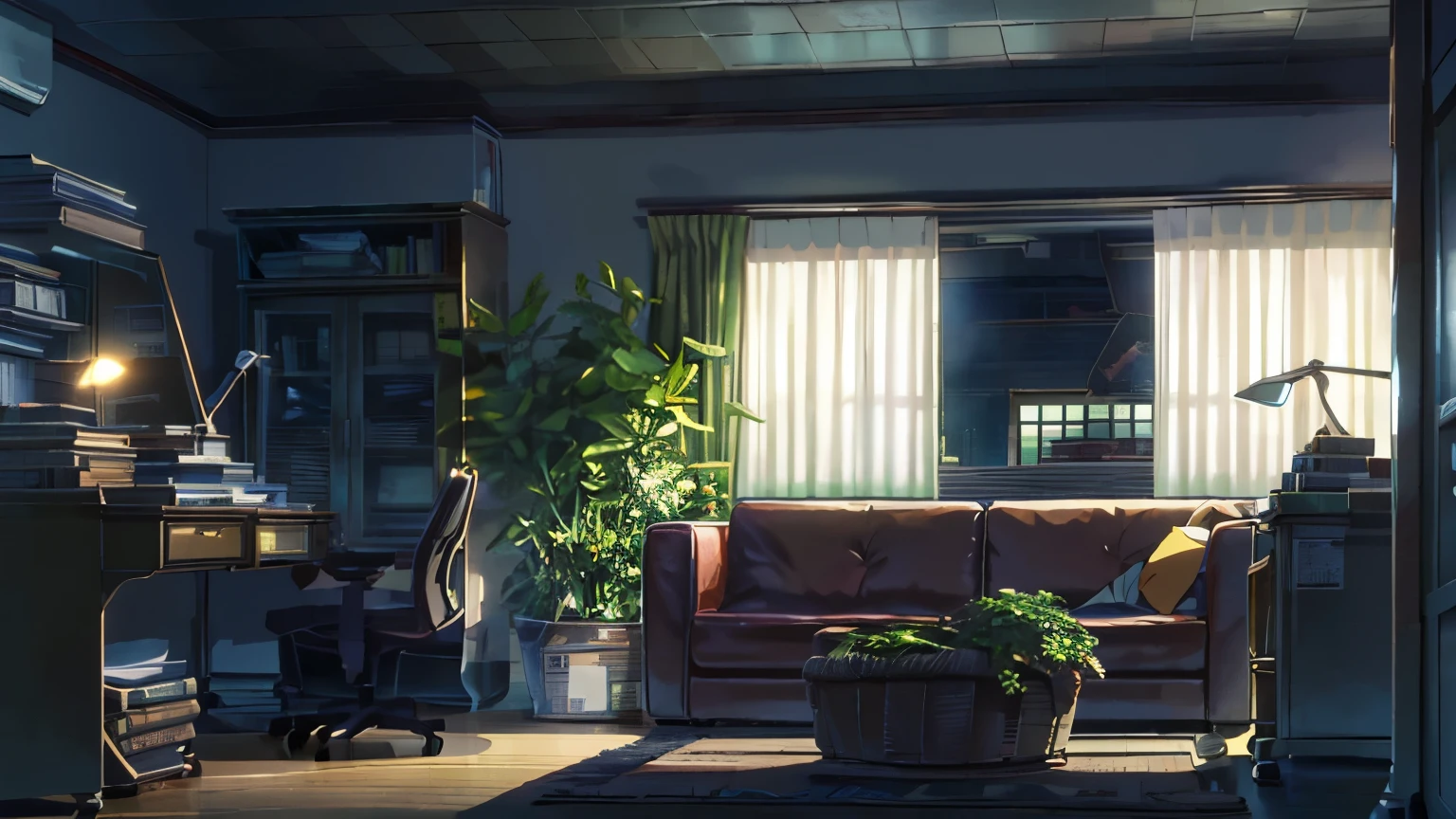 A stylish room with a bookshelf, sofa and desk、Foliage plant、night、moonlight、shinkai makoto