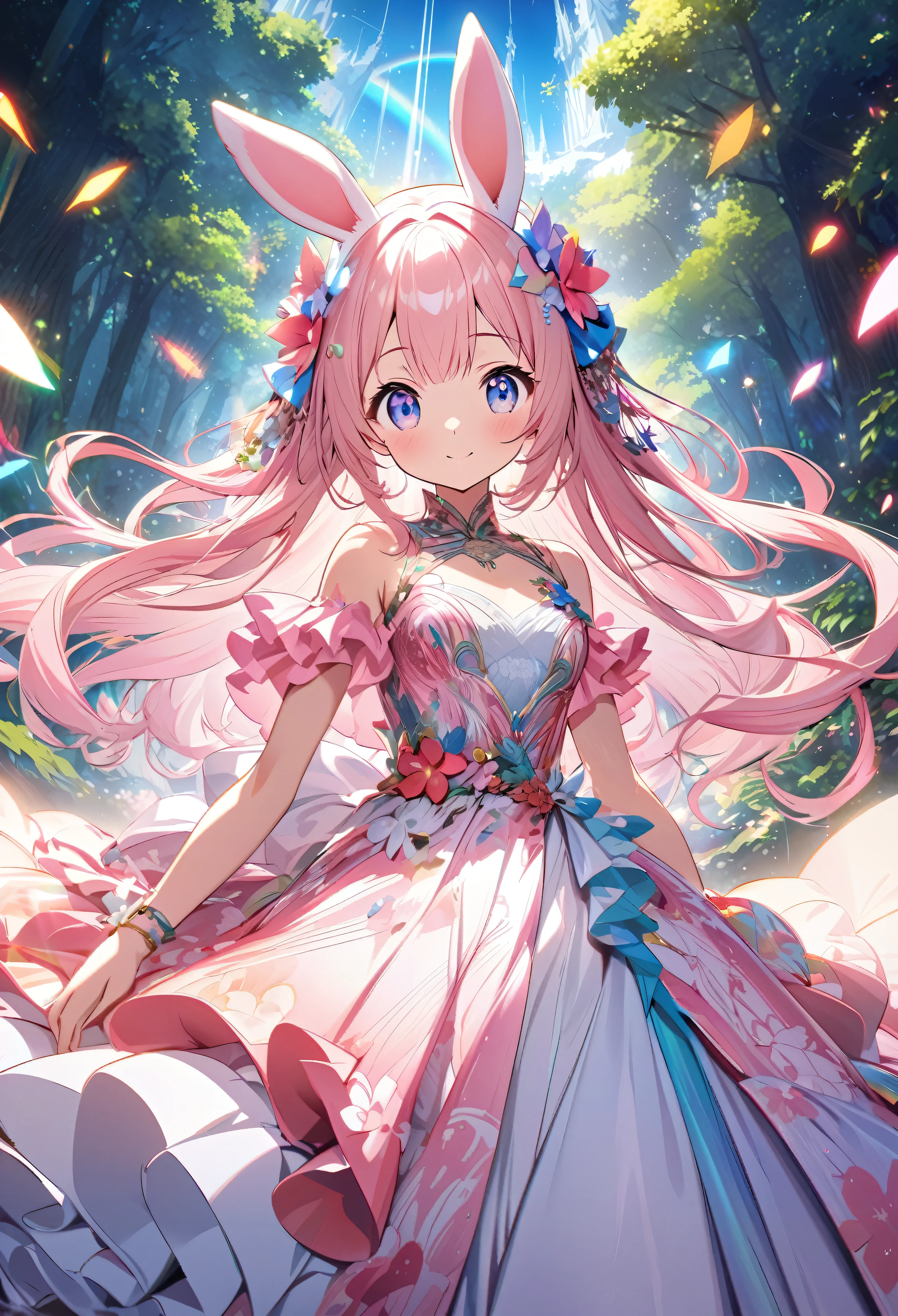 ``Japanese anime character, cute rabbit in pink color, beautiful adorable rabbit wearing an elegant and elaborate Hawaiian dress, the dress must have intricate designs and patterns to give it a luxurious and exclusive look. In the background, the image should depict the richness of the forest, with sunlight reflecting off the trees and illuminated mountains beyond. , emphasize the shimmering effect and rainbow throughout the image. Enhance your look and add special ruffles to your dress to stand out.”
