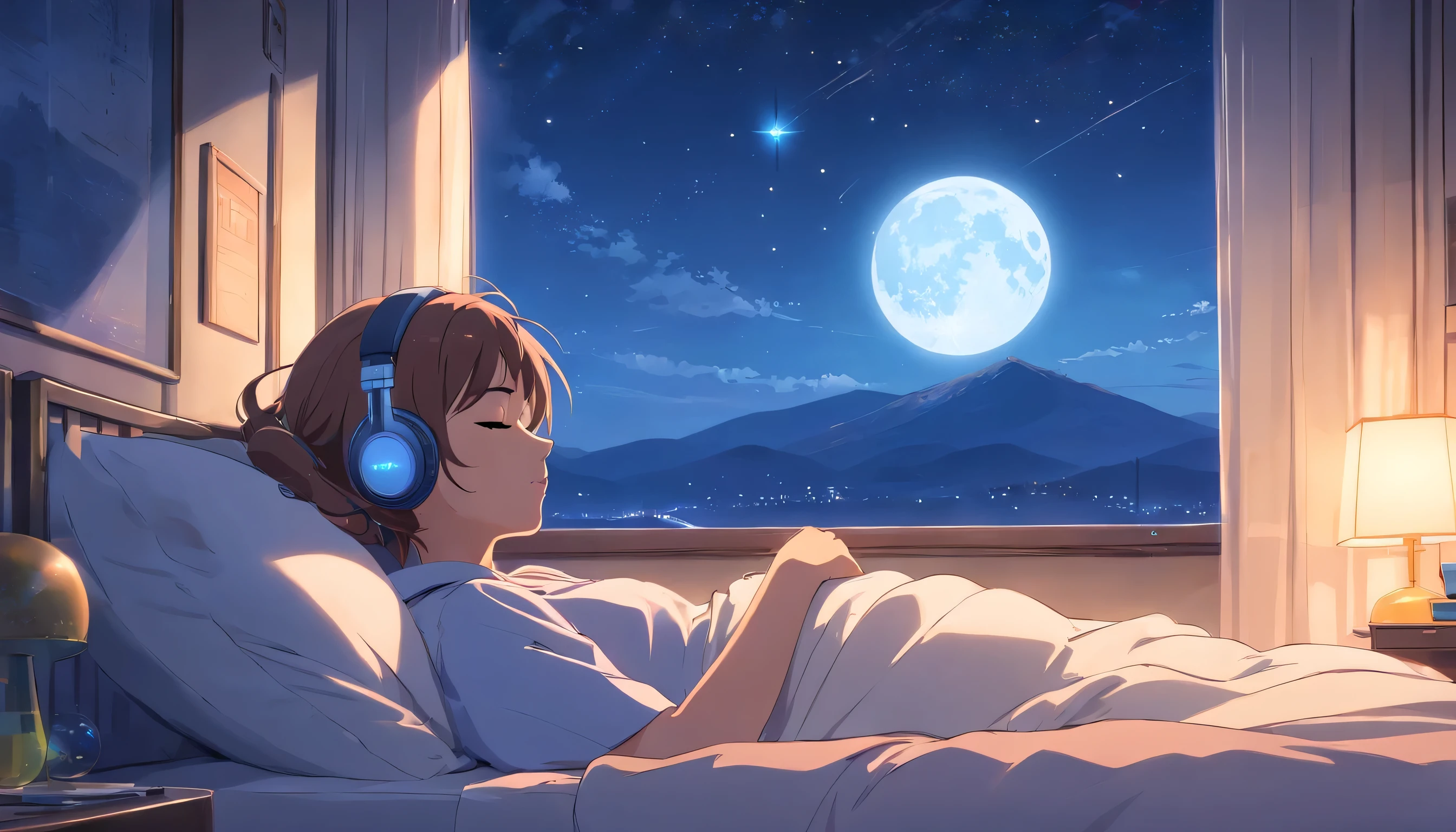(masterpiece) A girl (woman) Sleeping in bed, In her bed, Wearing headphones, Window showing the moon and stars, calm, peaceful, thinking, ish, Color Grading, Nice color coding,