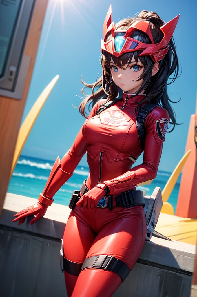 4K, Practical, Attractive, Very detailed, There is a girl in the sky, Dressed as a power ranger, She's a power ranger., Superhero Theme, Green Hair, 25 years old, whole body